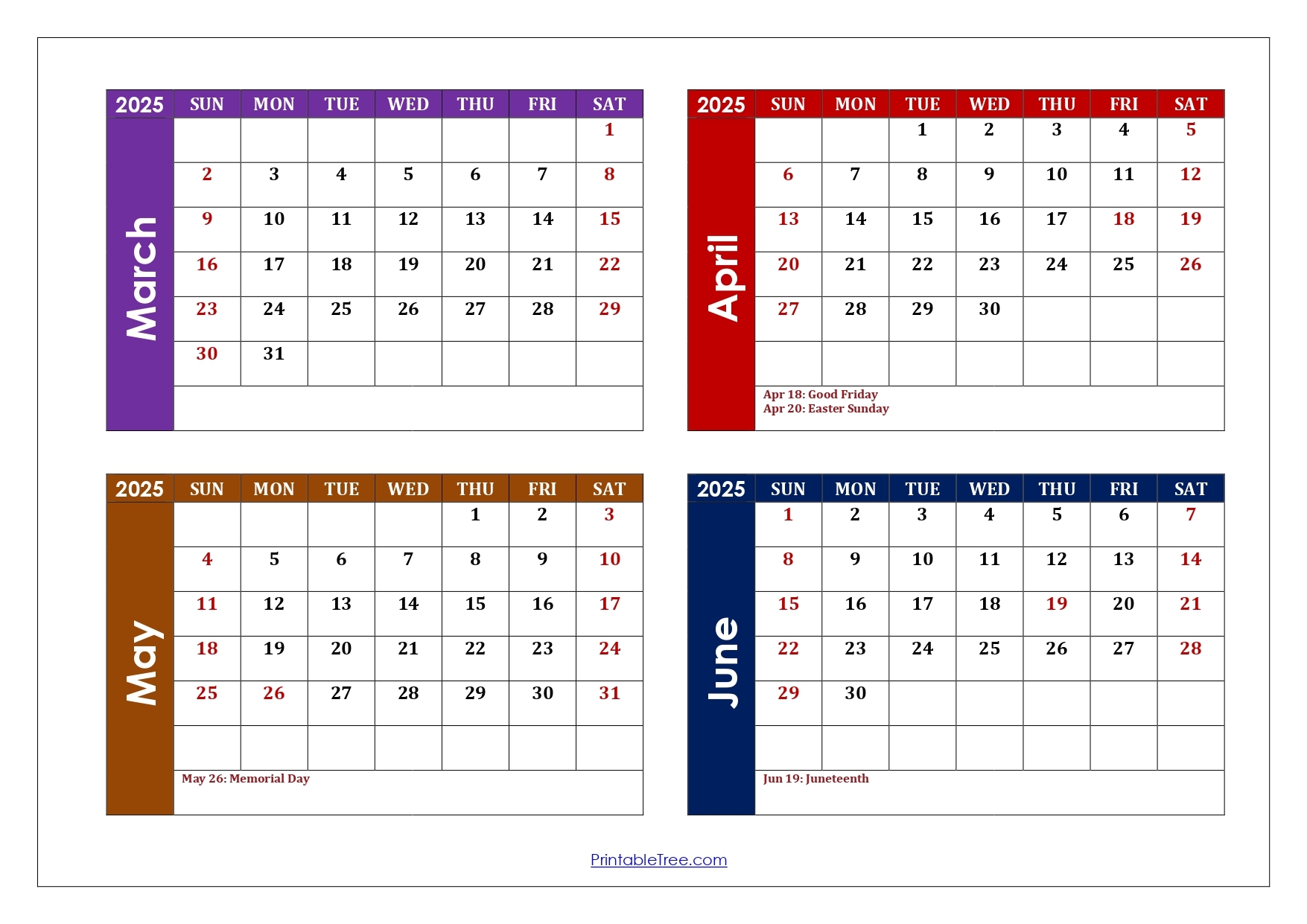 March To June 2025 Calendar Printable PDF Four Months Calendar
