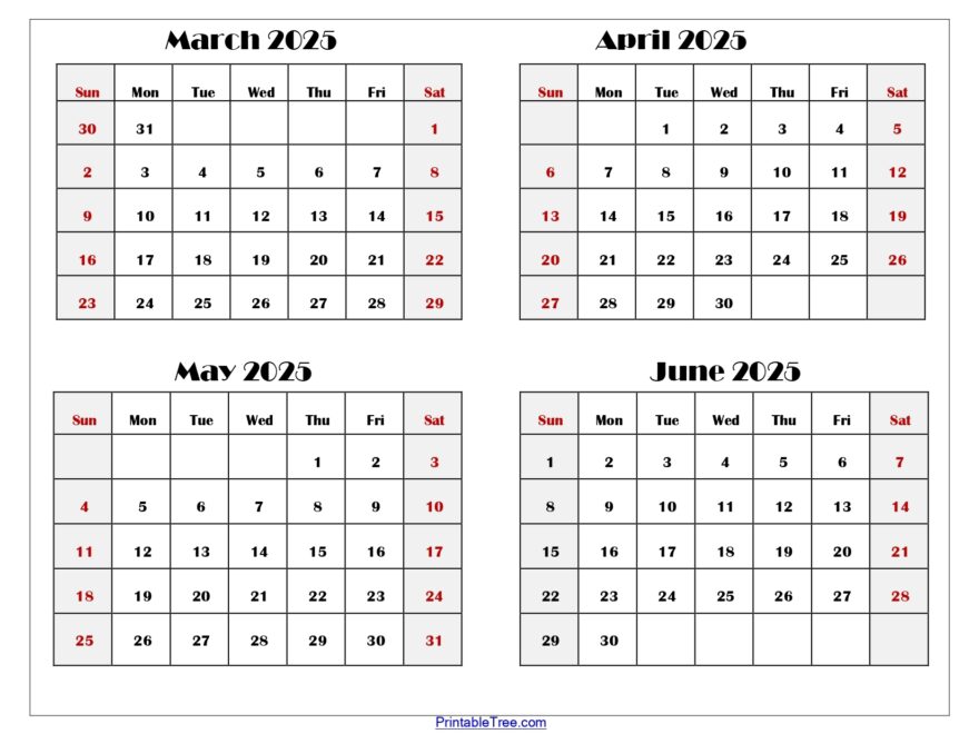 March To June 2025 Calendar Printable PDF Four Months Calendar
