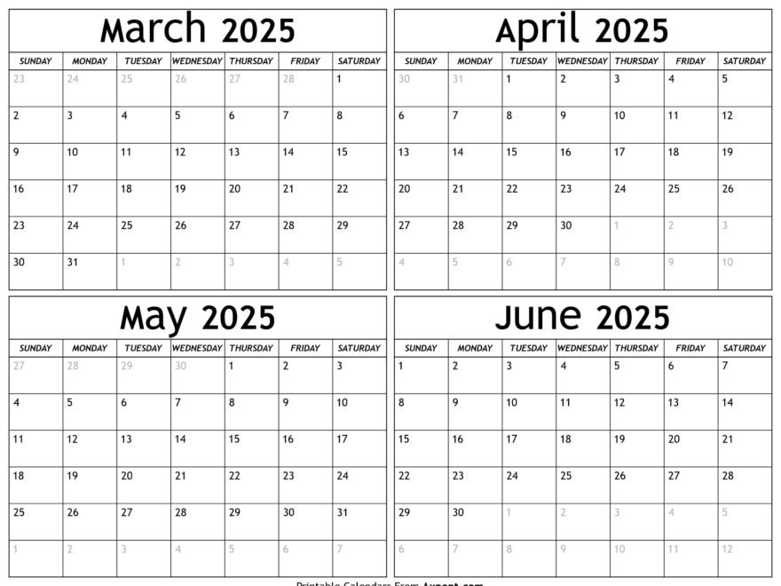 March To June 2025 Calendar Templates Four Months