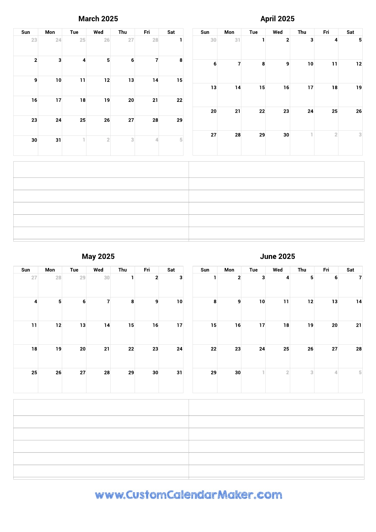 March To June 2025 Printable Calendar Custom Calendar Maker