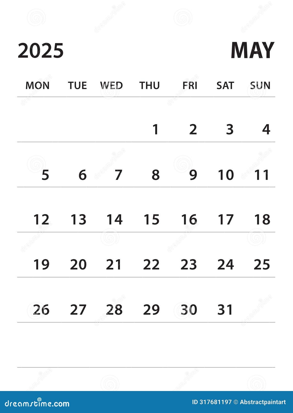 May 2025 Calendar 2025 Template Vector On White Background Week Start On Monday Desk Calendar 2025 Year Wall Calendar Design Stock Vector Illustration Of Planner Office 317681197