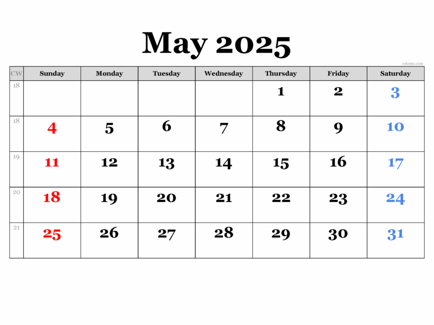 May 2025 Calendar Free Printable PDF XLS And PNG