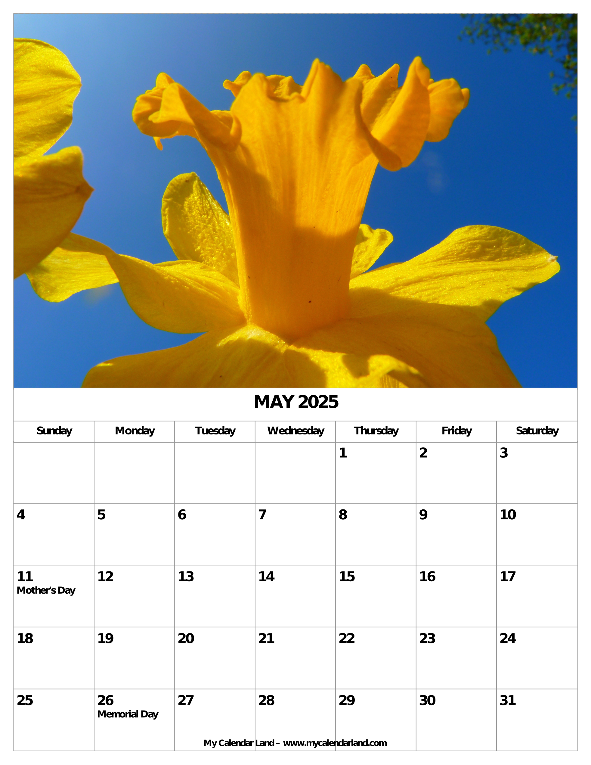 Calendar May 2025 Printable Monday 1st Day
