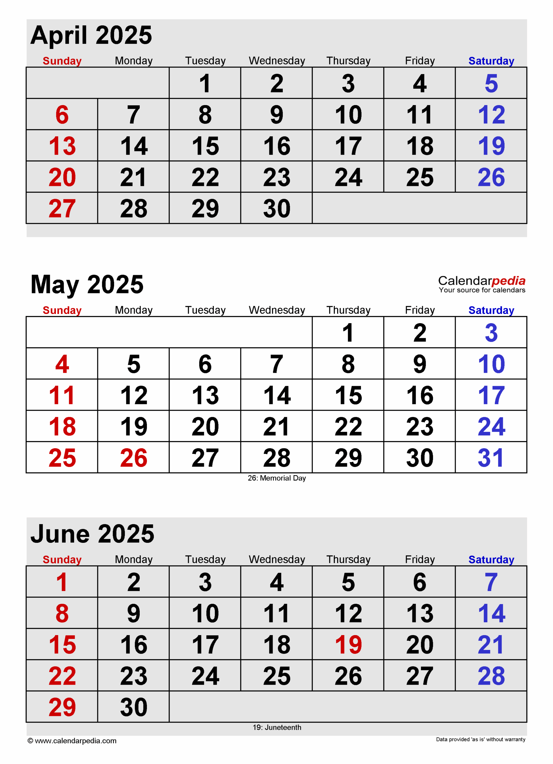 April May June 2025 Calendar