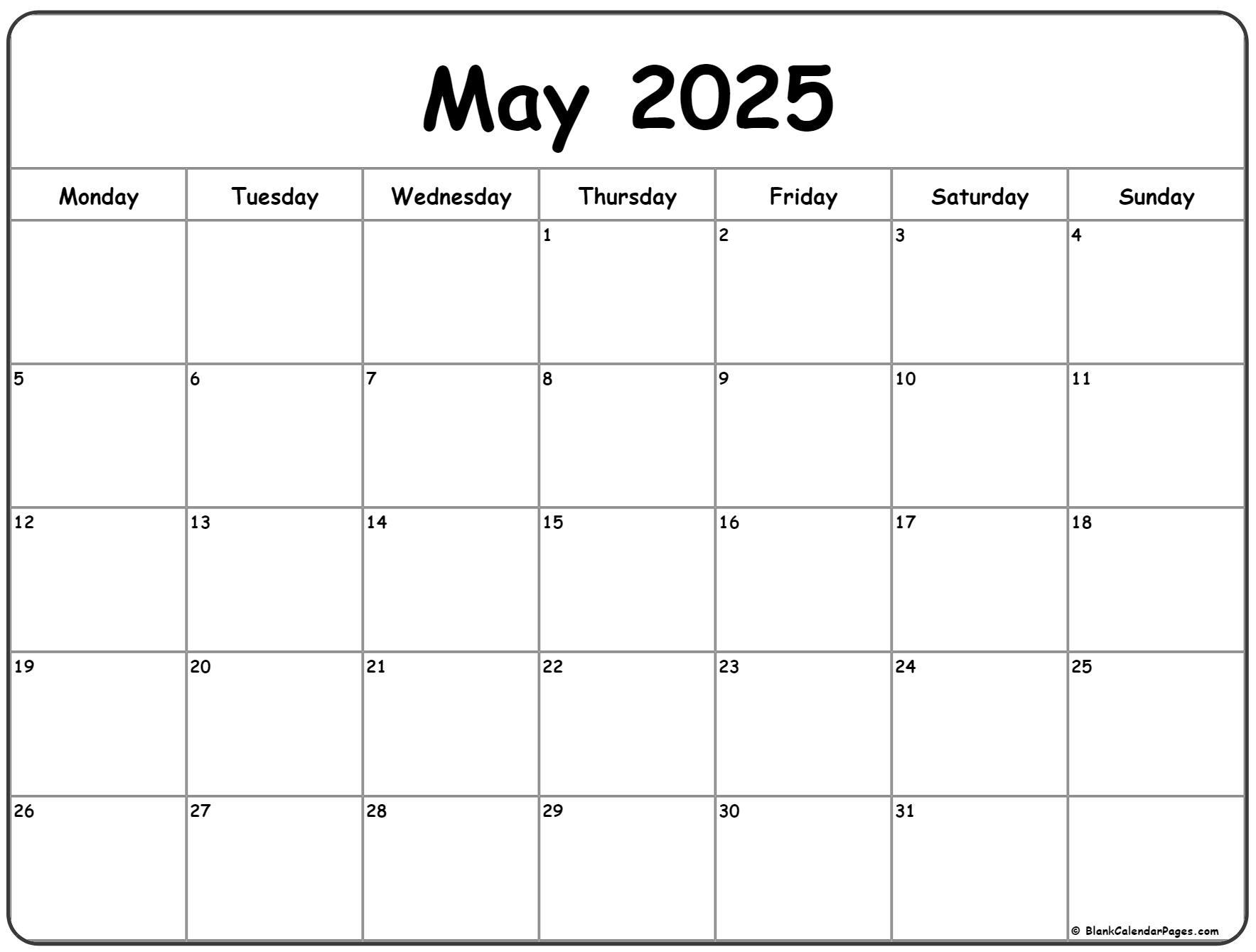 May 2025 Monday Calendar Monday To Sunday