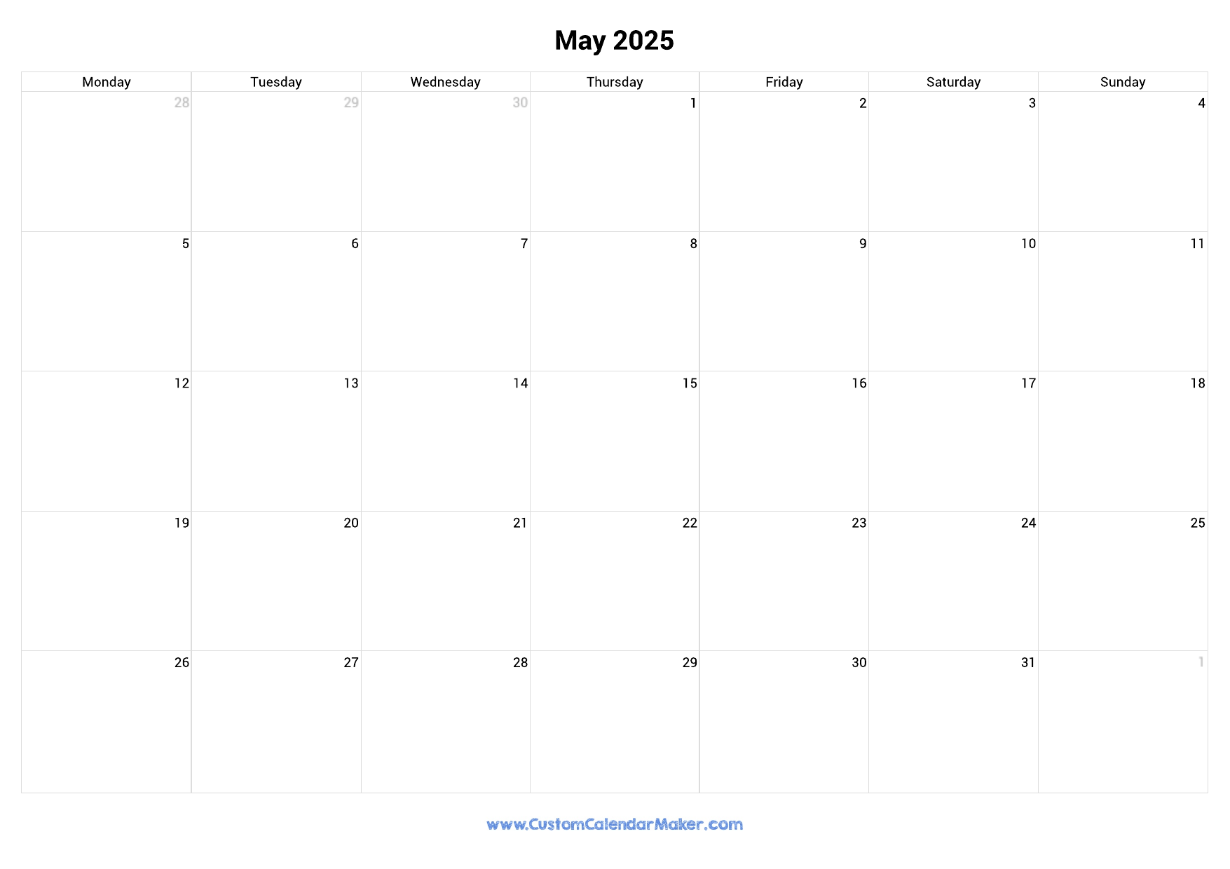May 2025 Monday Start Calendar Monday To Sunday Custom Calendar Maker