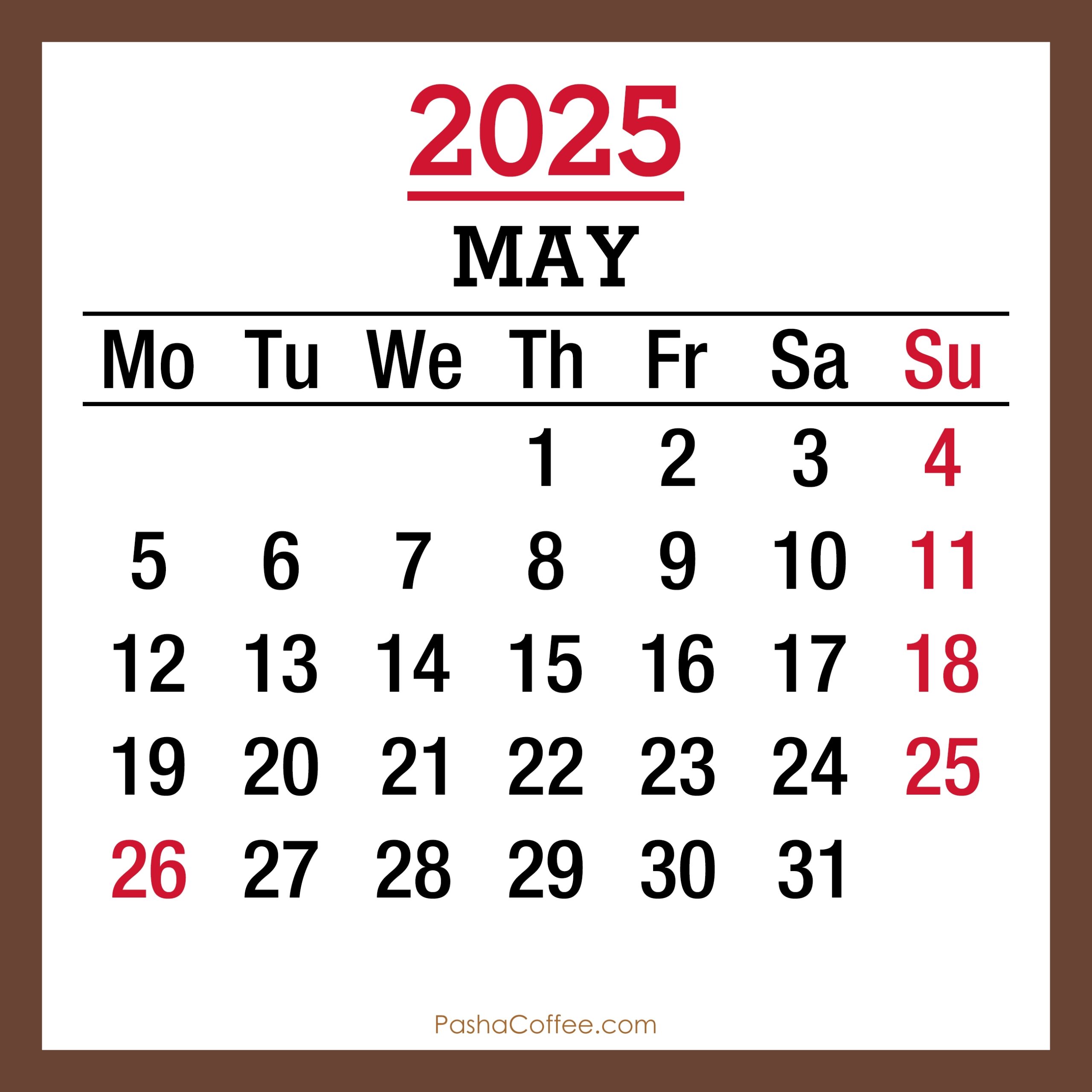 May 2025 Monthly Calendar With Holidays Printable Free Brown Monday Start PashaCoffee