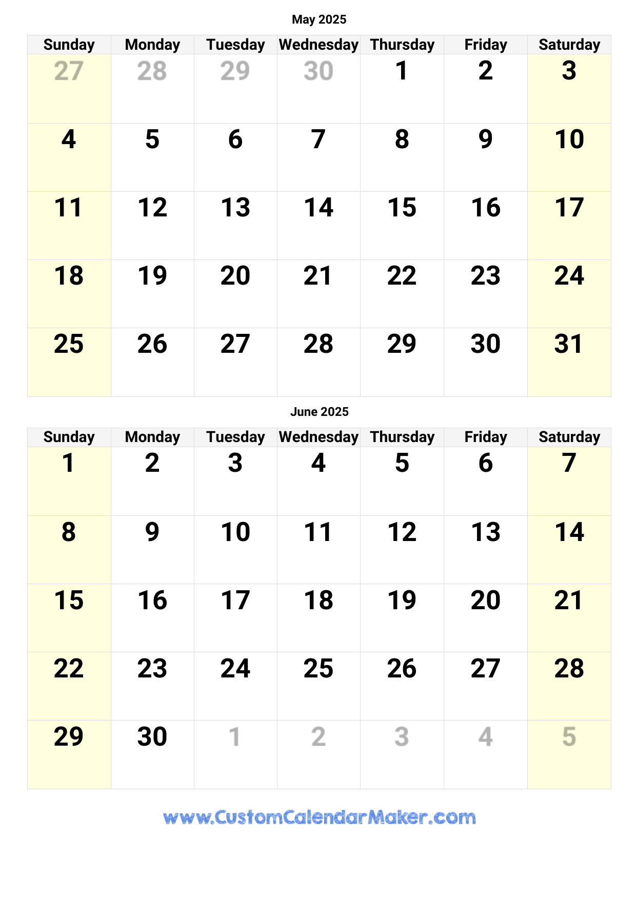 Printable Calendar June 2025 To May 2025