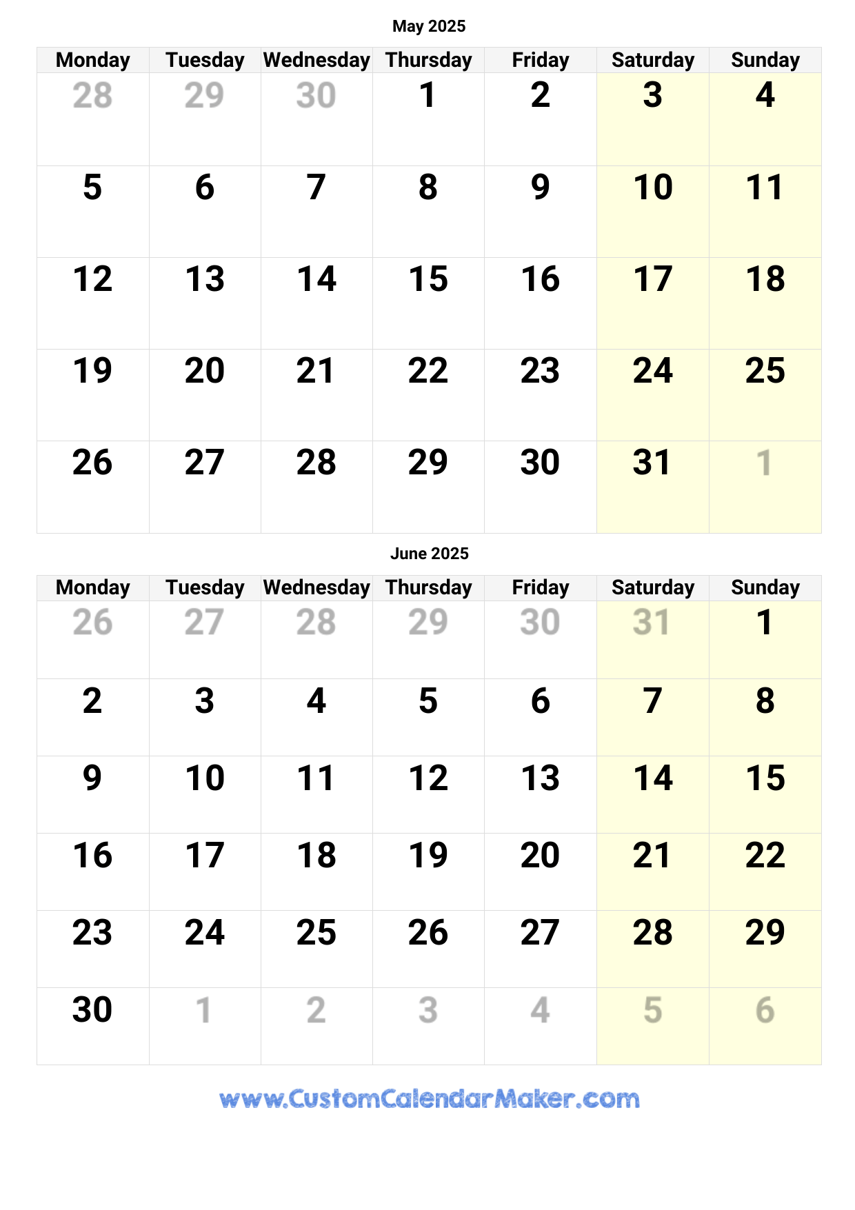 May And June 2025 Calendar Custom Calendar Maker
