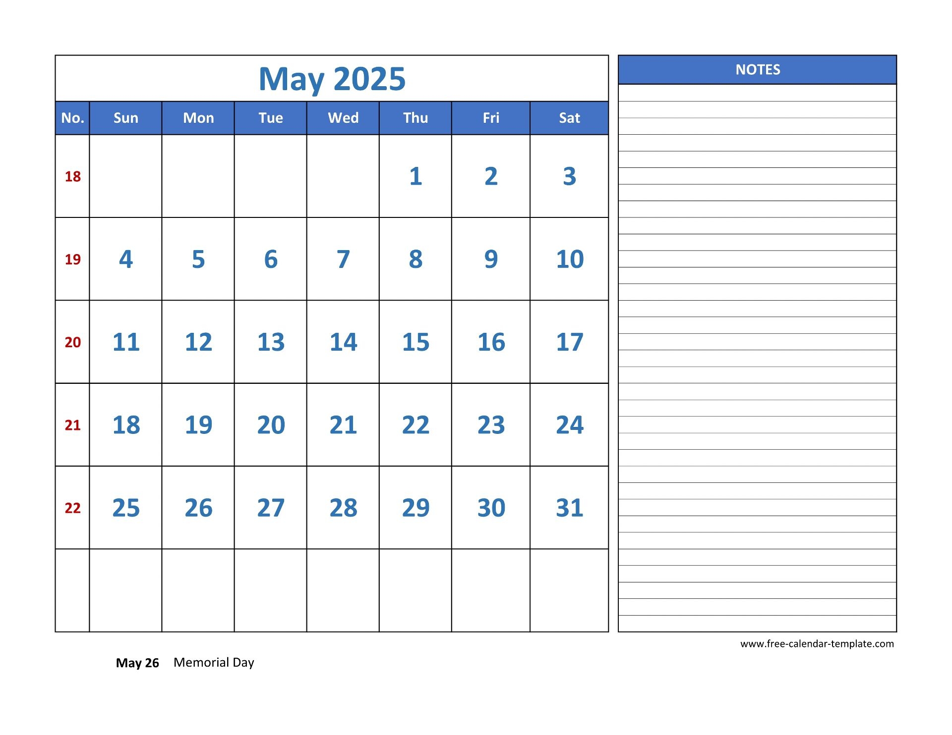 May Calendar 2025 Grid Lines For Holidays And Notes horizontal Free Calendar template