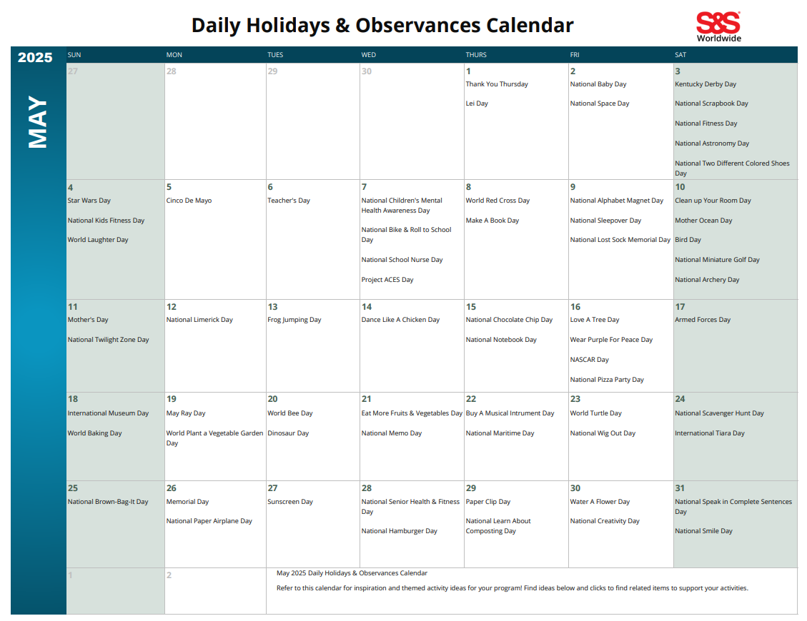 May Daily Holidays Observances Printable Calendar S S Blog May Daily Holidays Observances Printable Calendar S S Blog
