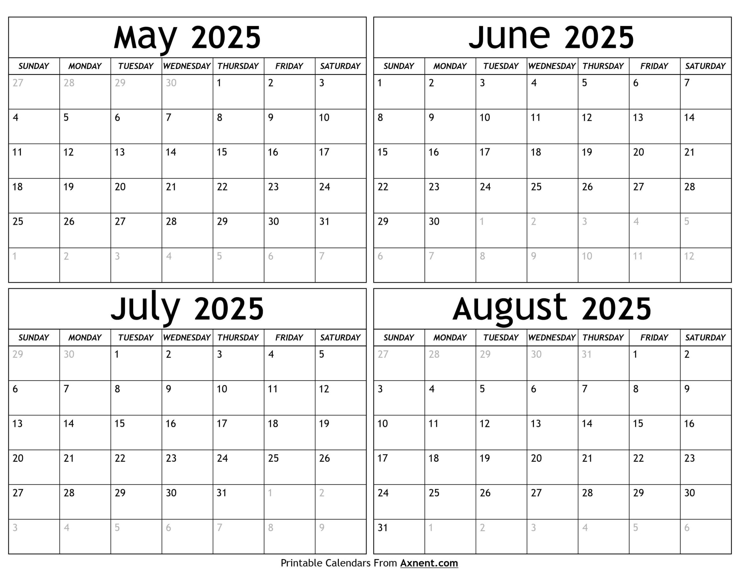 May To August 2025 Calendar Templates Four Months