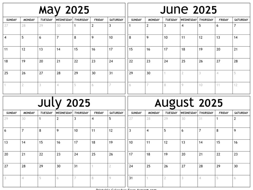 May To August 2025 Calendar Templates Four Months