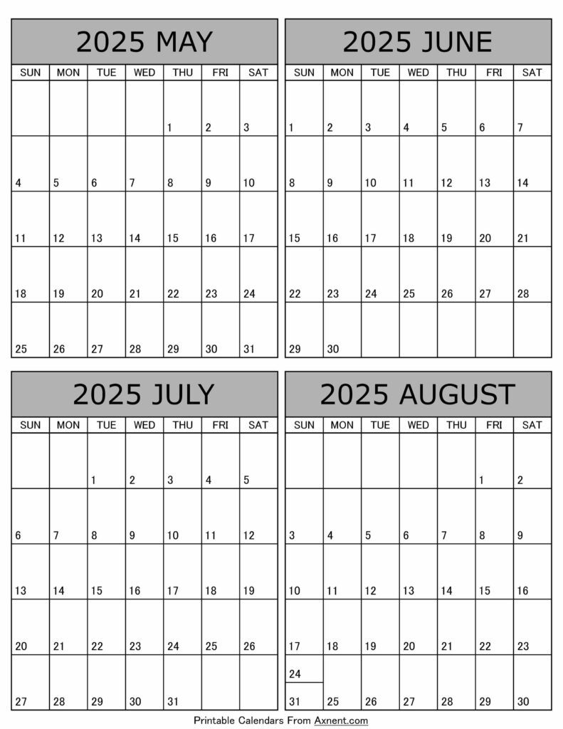 Calendar 2025 June July August