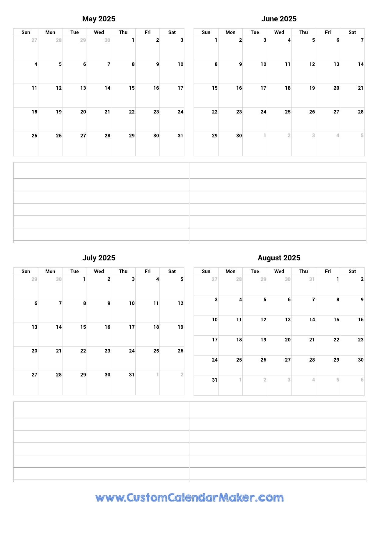 Calendar May June July August 2025 Printable