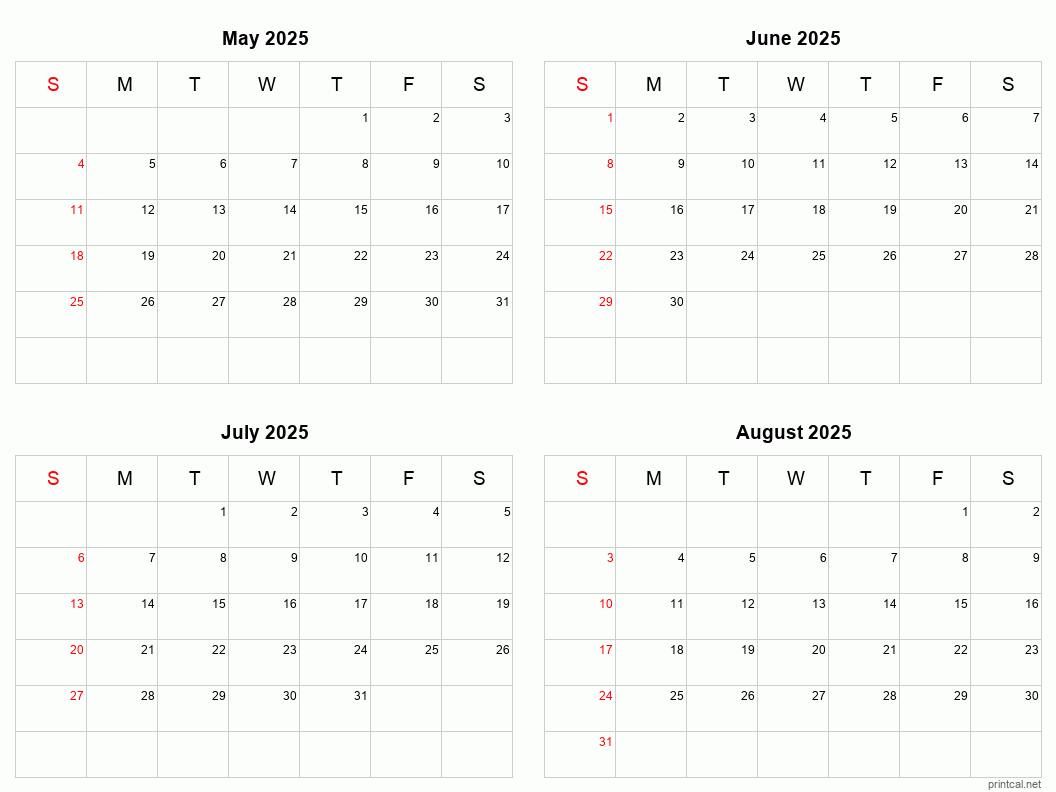 Printable Calendars May June July August 2025