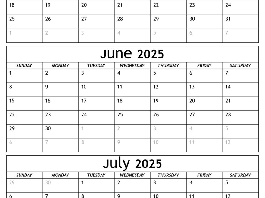 May To July Calendar 2025 Templates Three Months