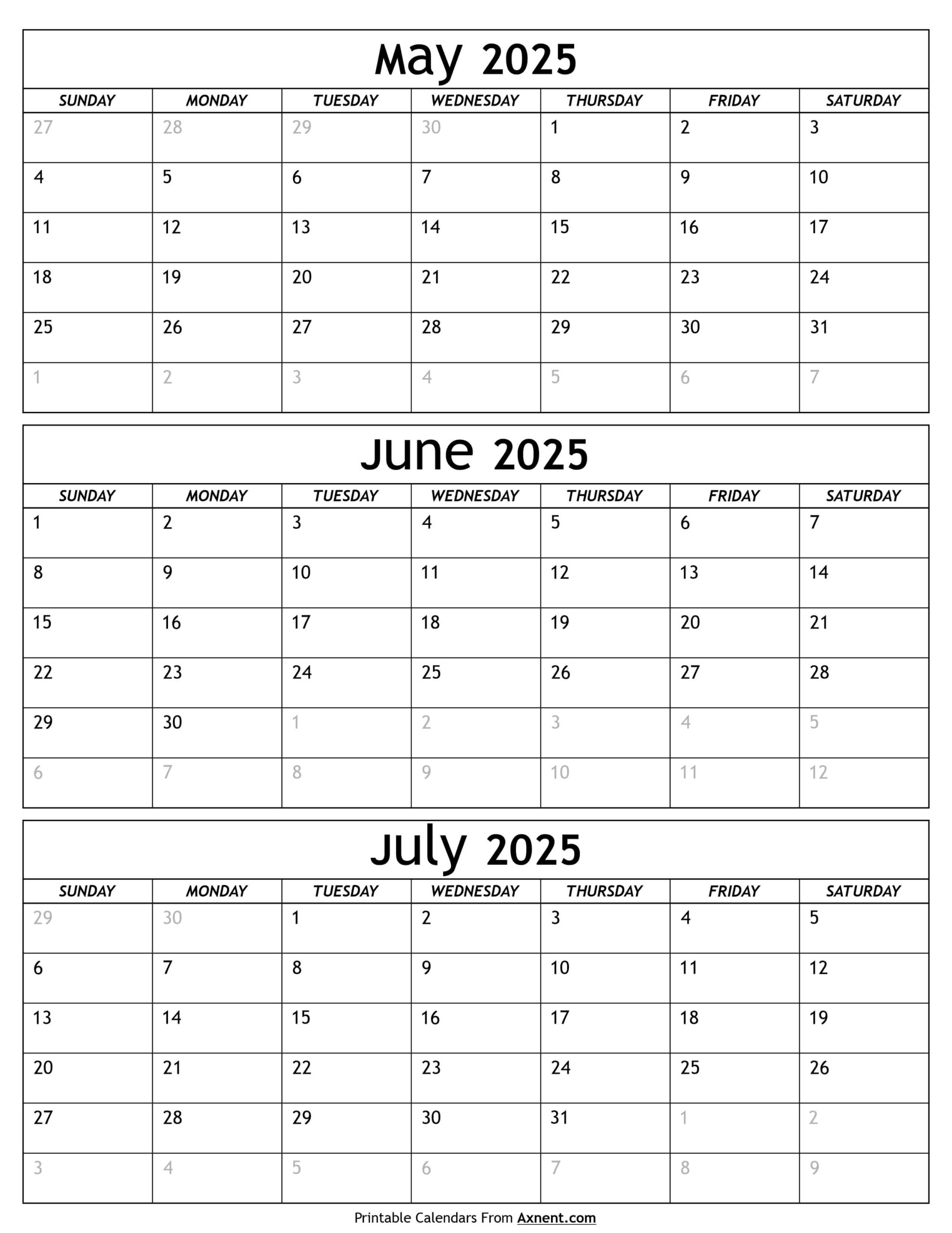 May To July Calendar 2025 Templates Three Months