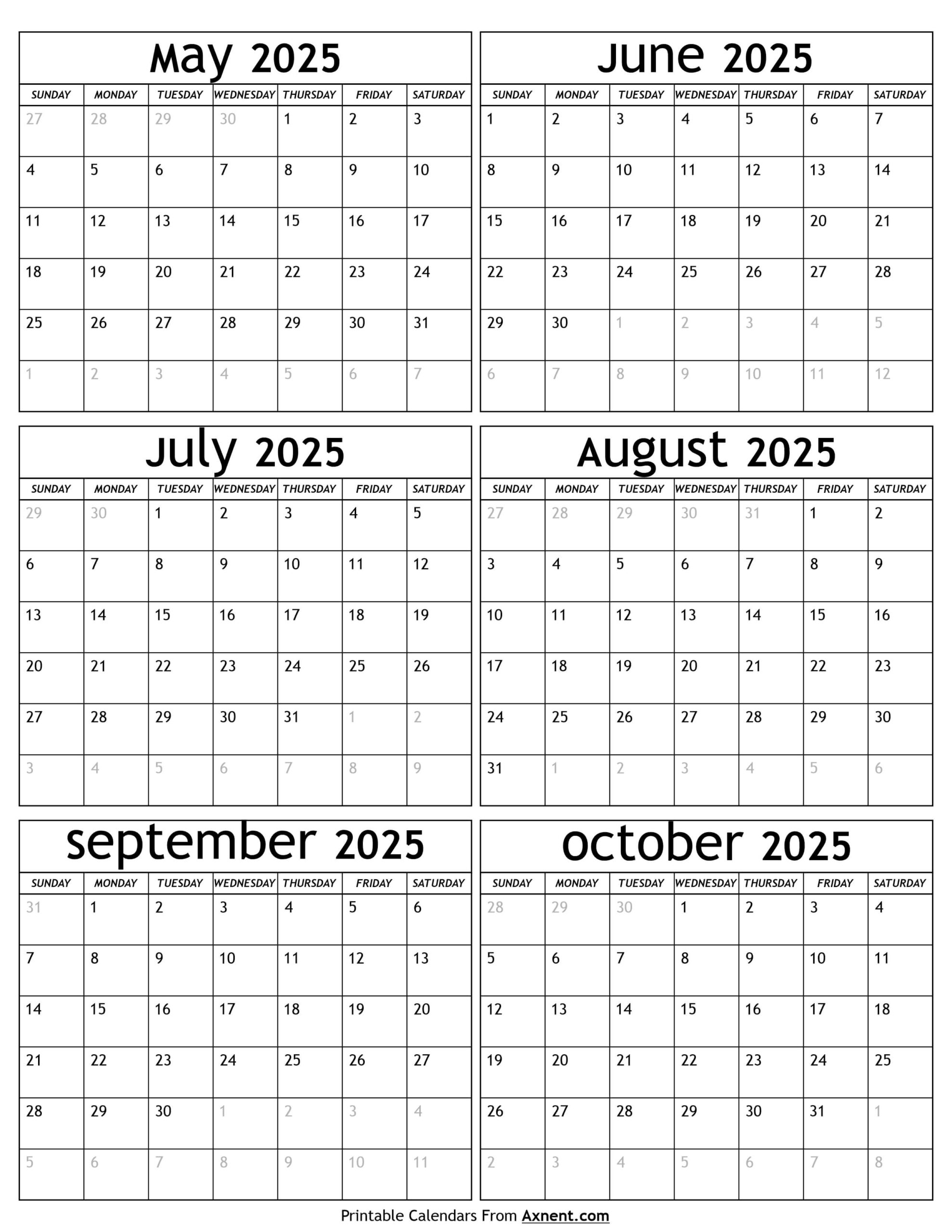 May To October 2025 Calendar Templates Six Months