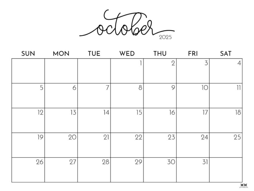 October 2025 Calendars 107 FREE Printables Printabulls