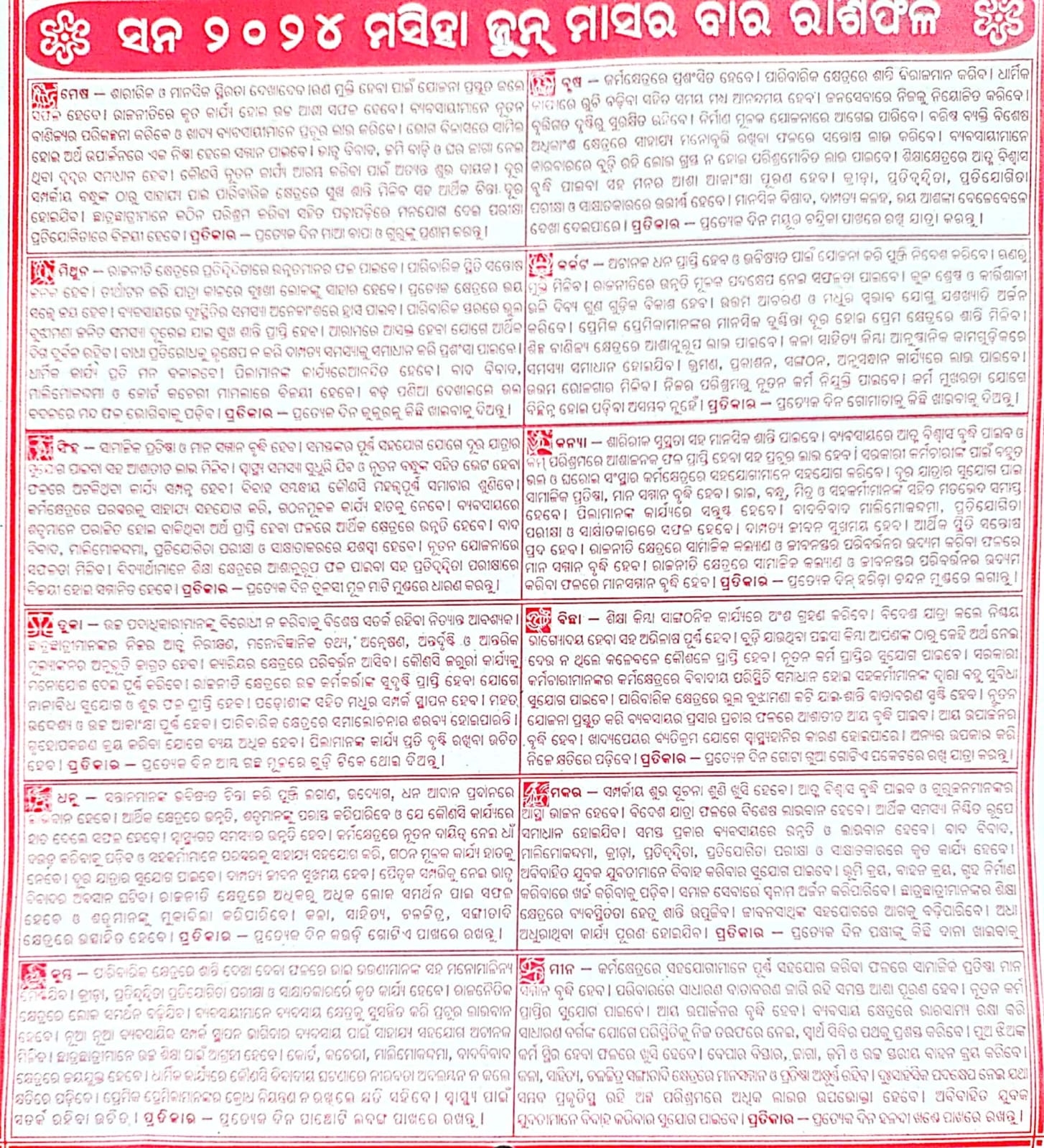 Odia Monthly Masika Horoscope June 2025 Rashiphala Astrology