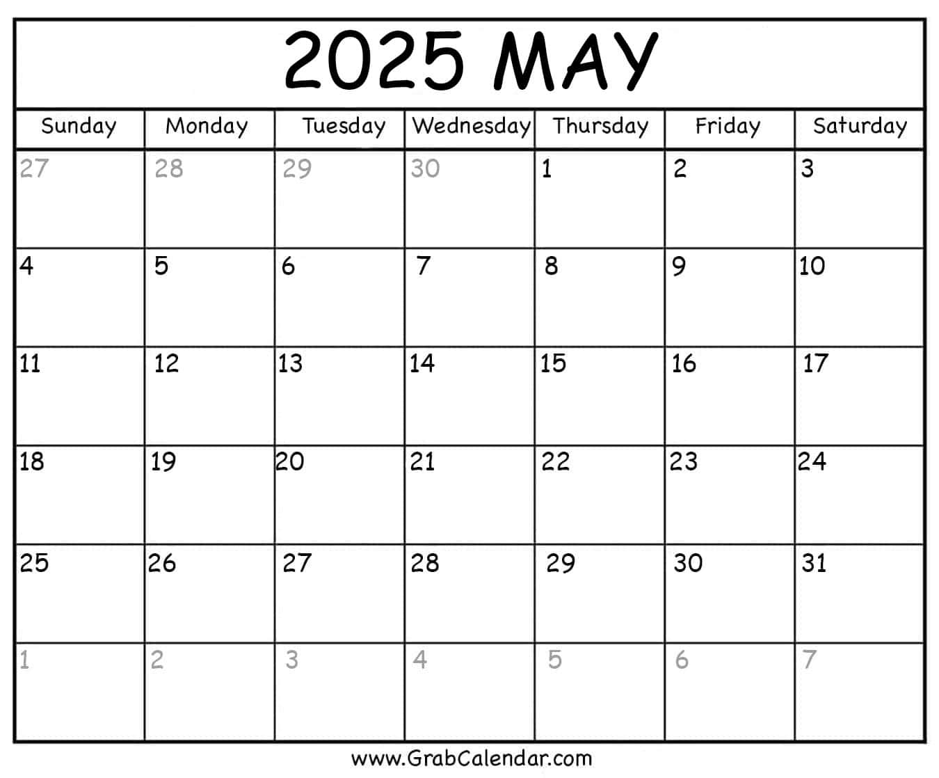 2025 Editable Free Printable Monthly Calendar May