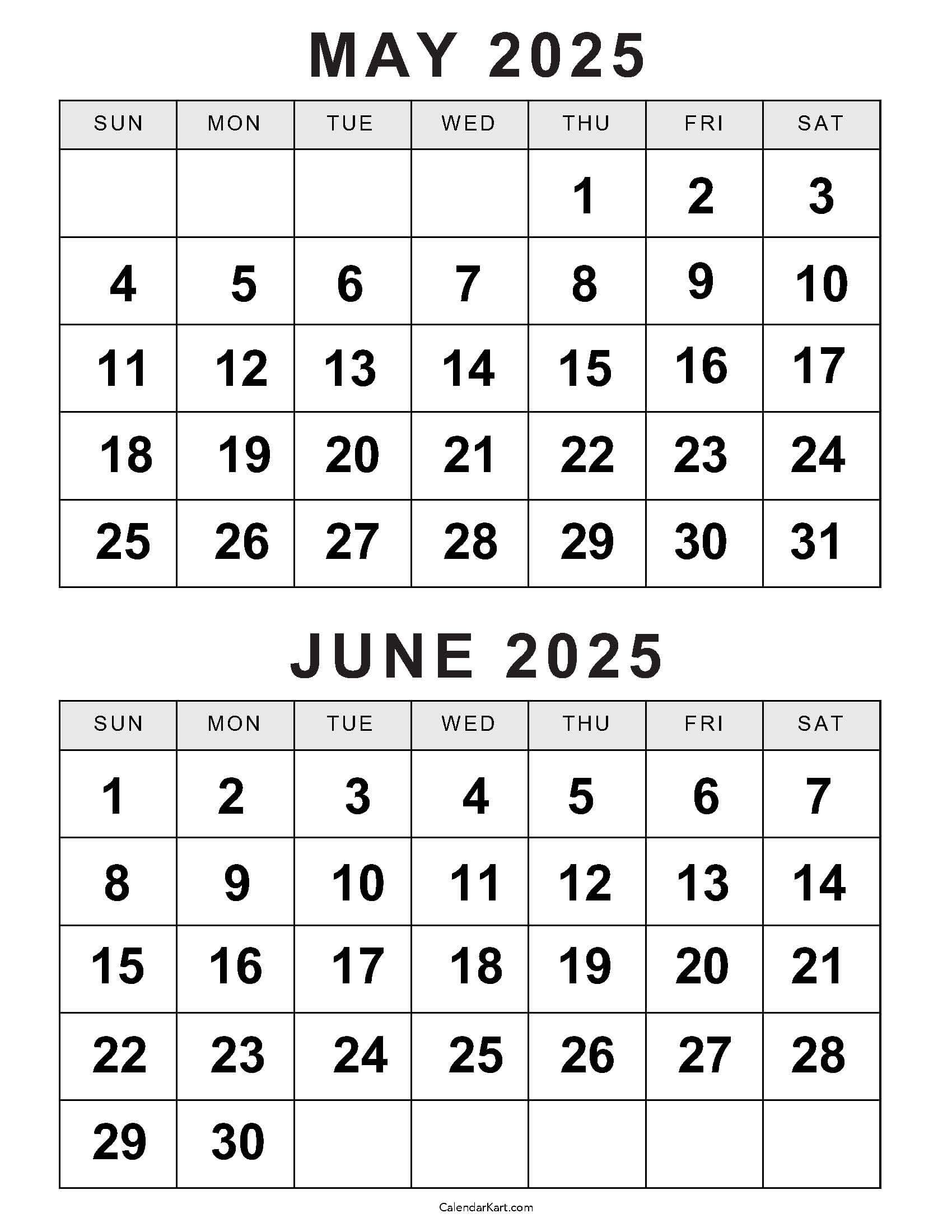 2 Month Calendar Printable May June 2025