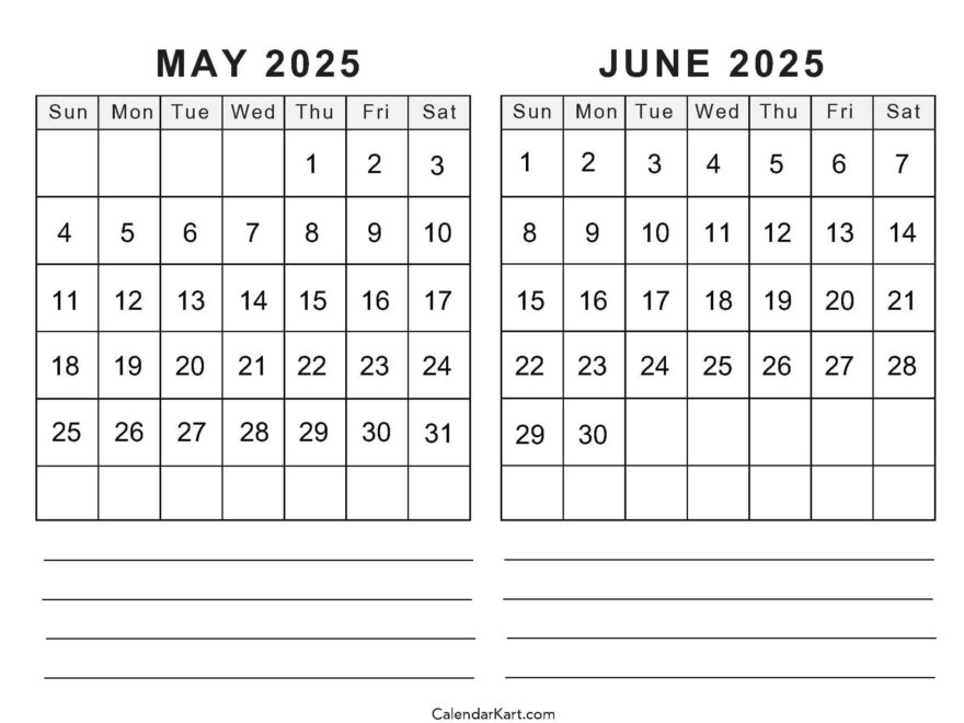 Printable May June 2025 Calendar Templates Calendarkart