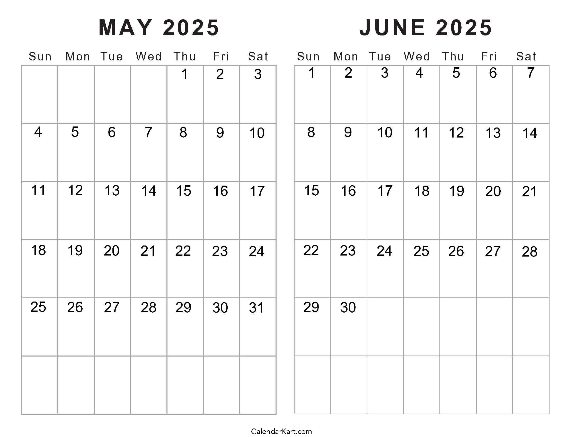 Printable May June 2025 Calendar Templates Calendarkart