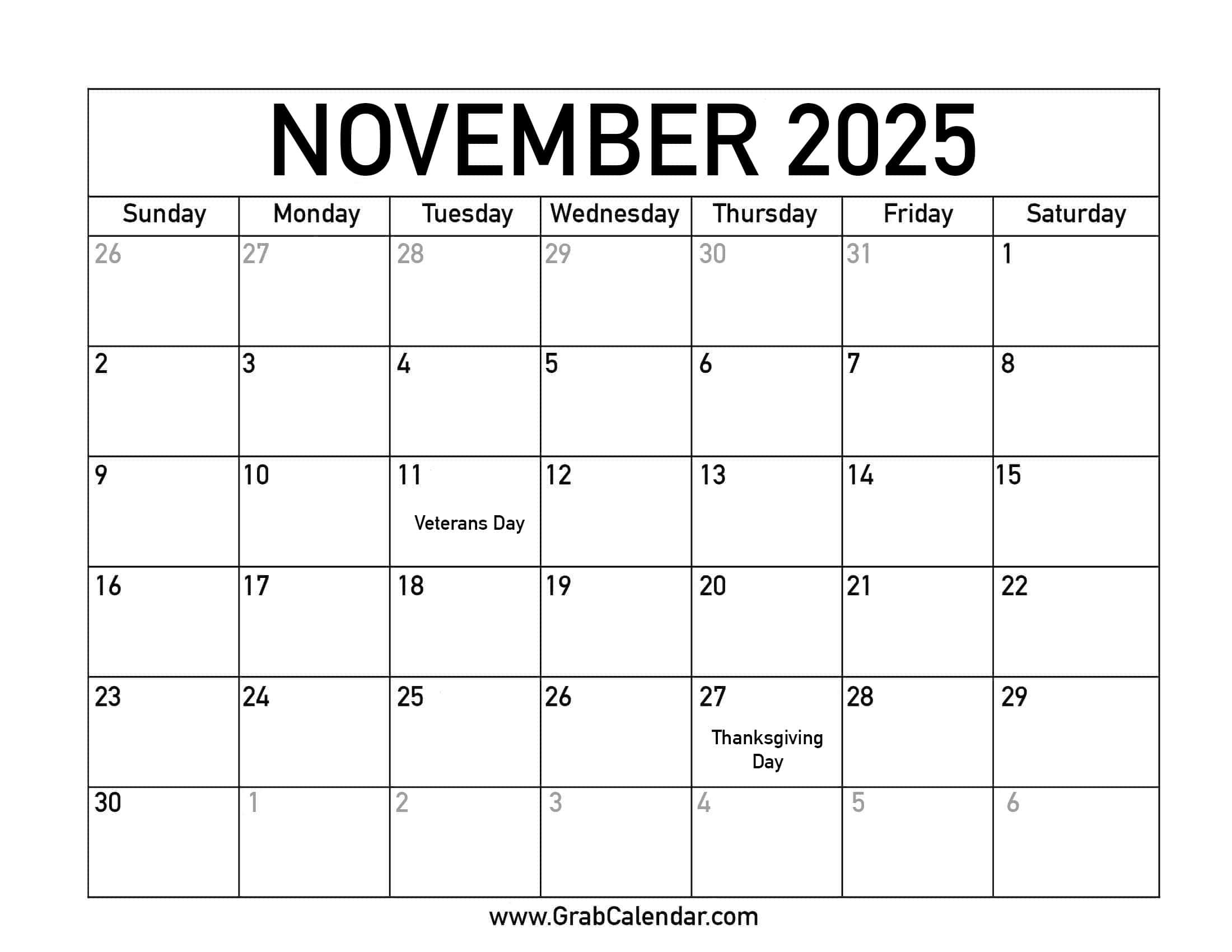Printable November 2025 Calendar