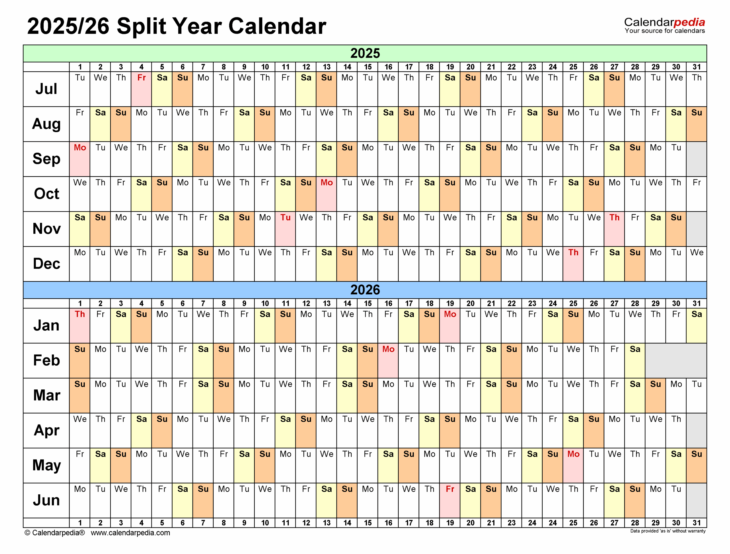 Split Year Calendars 2025 2026 July To June PDF Templates