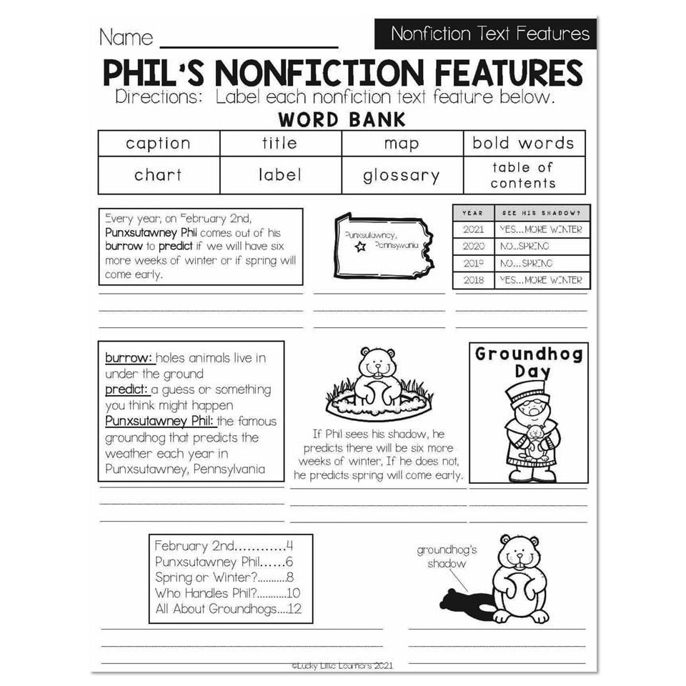 Winter Early Finishers 1st Grade ELA Nonfiction Text Features Phil s Nonfiction Features Lucky Little Learners