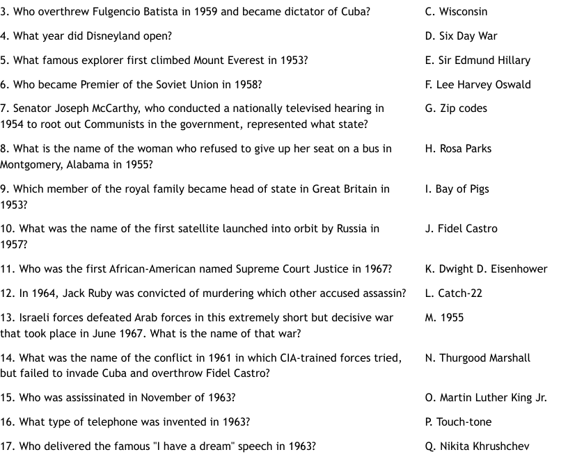 1950 s 60 s Trivia Worksheet WordMint