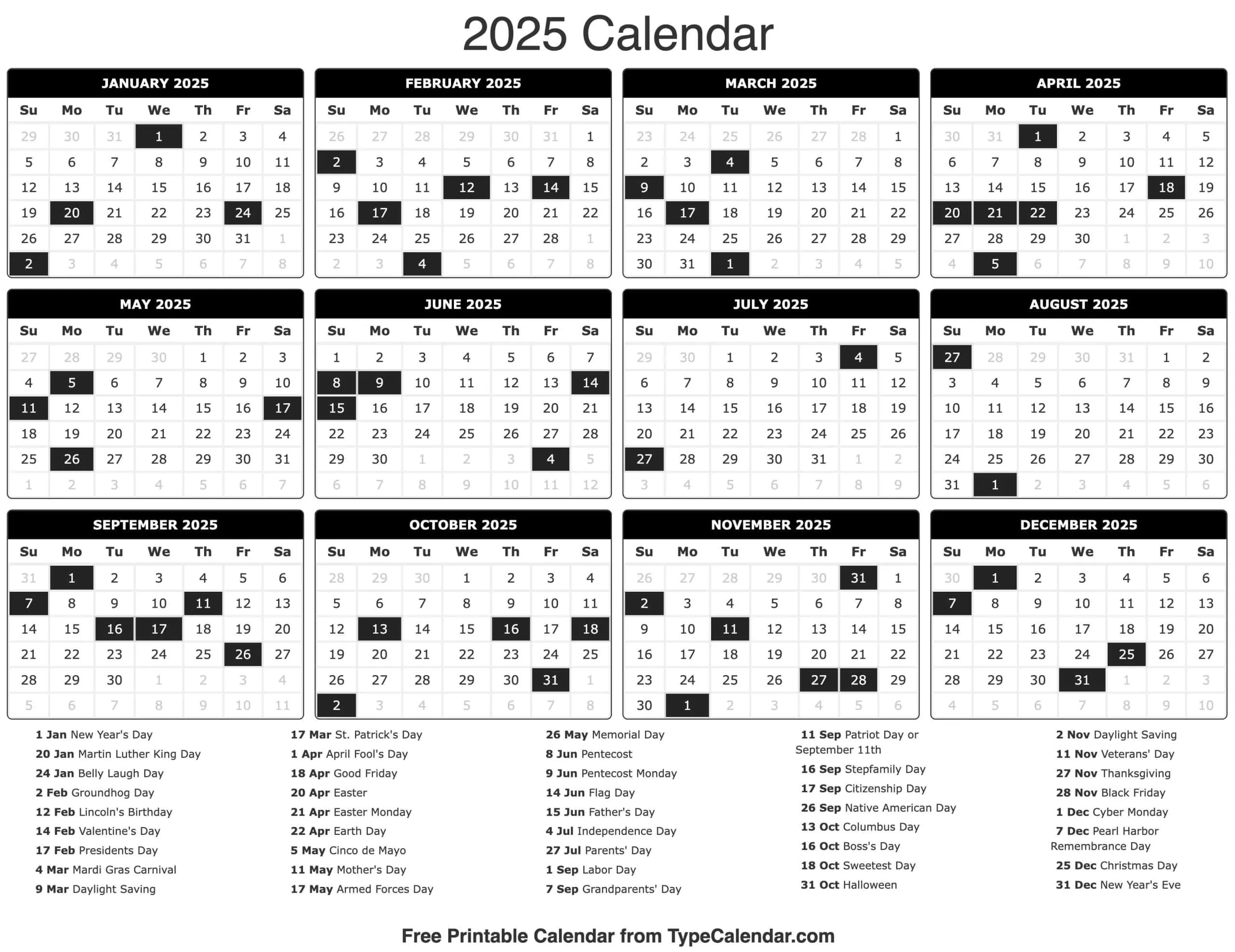 2025 Calendar Printable Calendar 2025 With Holidays