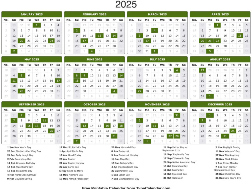 2025 Calendar Printable Calendar 2025 With Holidays