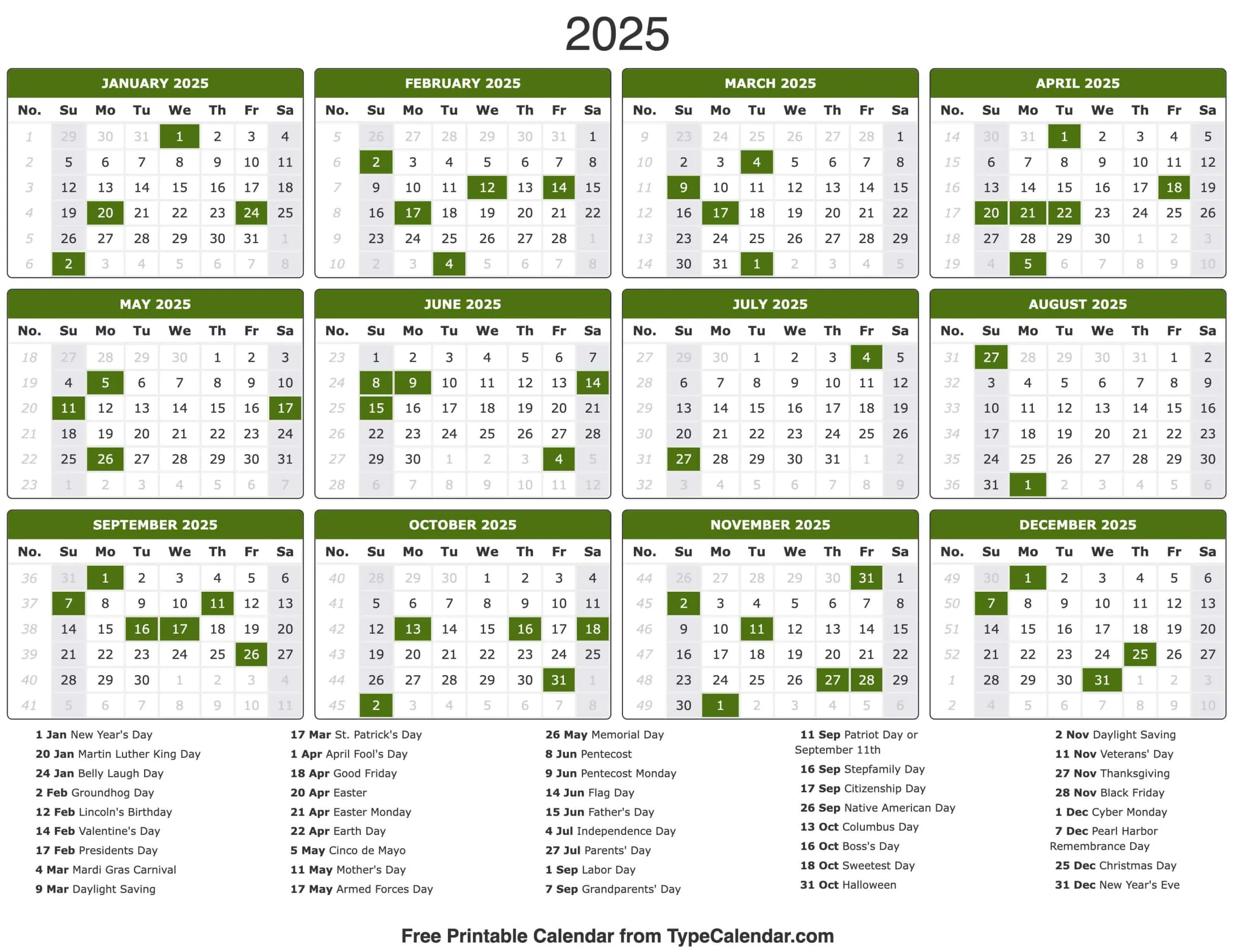 2025 Calendar Printable Calendar 2025 With Holidays
