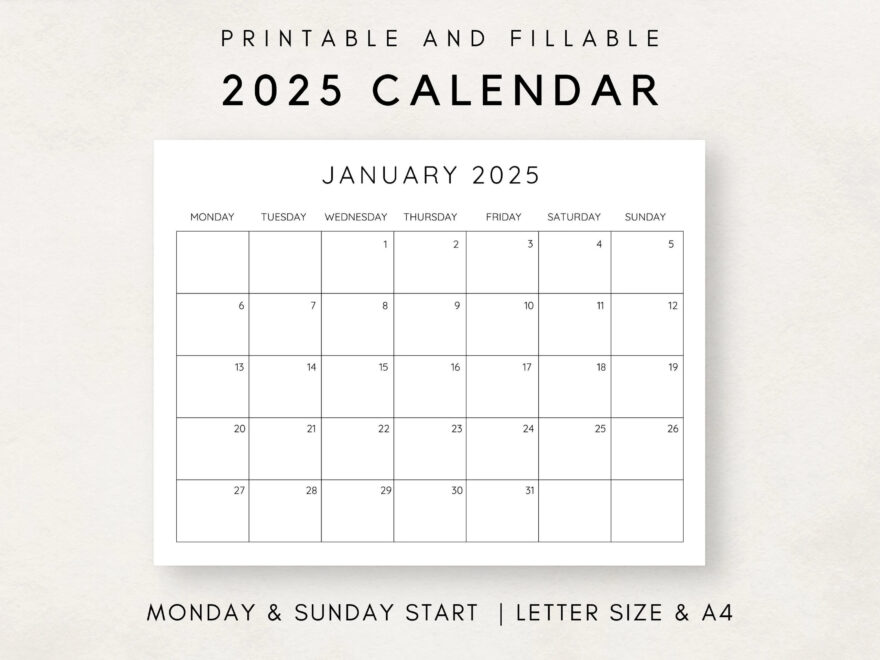 2025 Calendar Printable Monthly Calendar 2025 Fillable Calendar 2025 Planner Printable Minimalist Calendar Simple Clean Calendar Etsy