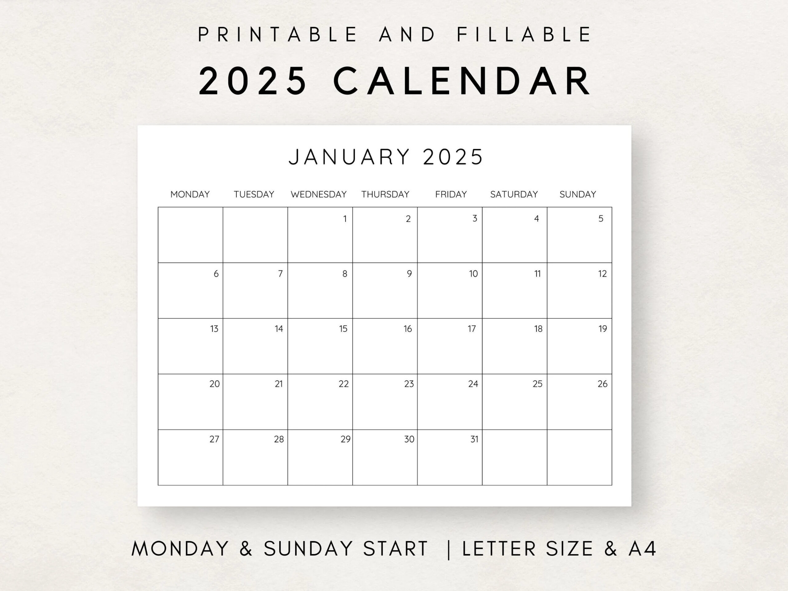 2025 Calendar Printable Monthly Calendar 2025 Fillable Calendar 2025 Planner Printable Minimalist Calendar Simple Clean Calendar Etsy