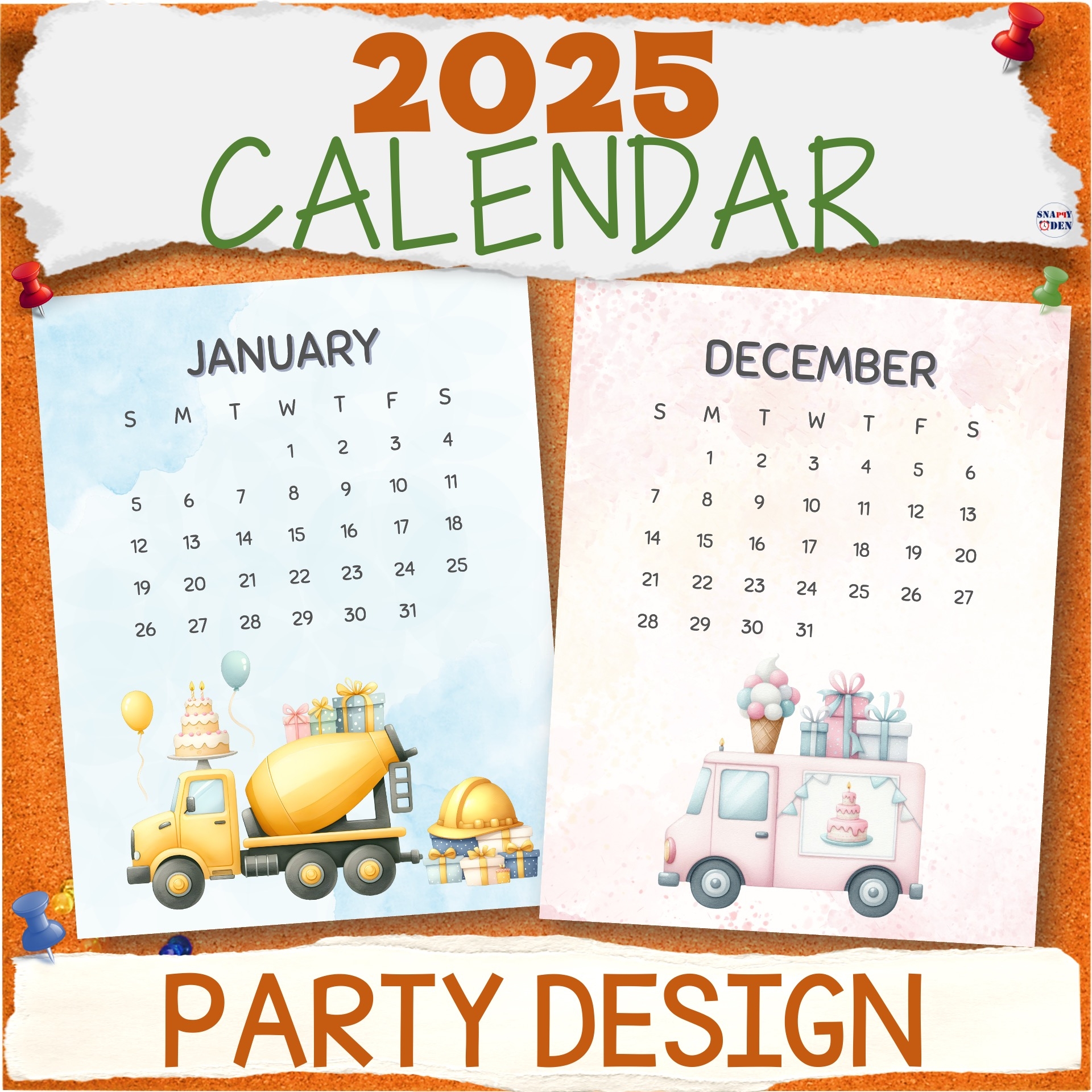 2025 Calendar Printable Portrait Template Party Vehicles Monthly Dated Calendars Made By Teachers
