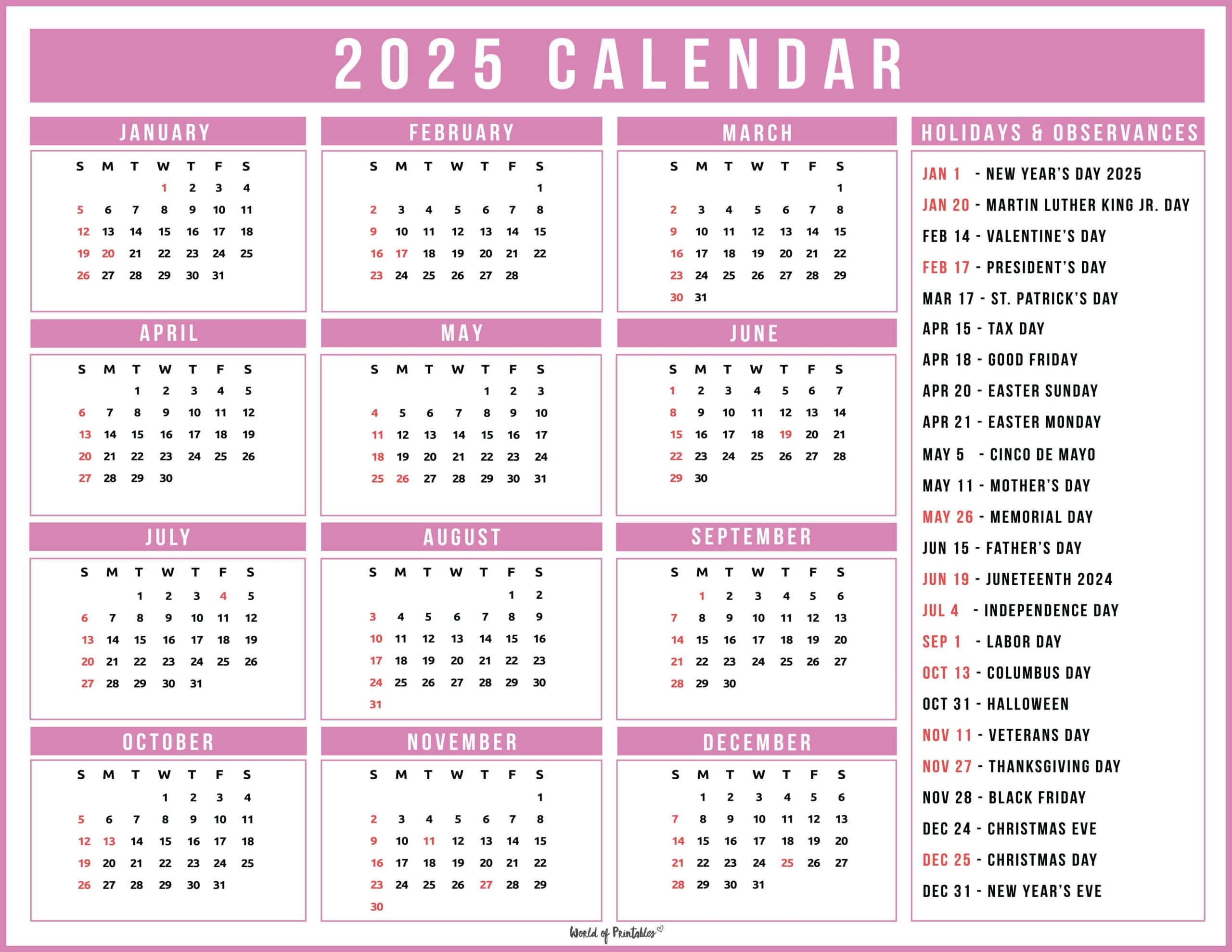 2025 Calendar With Holidays Free Printables In 28 Unique Styles World Of Printables