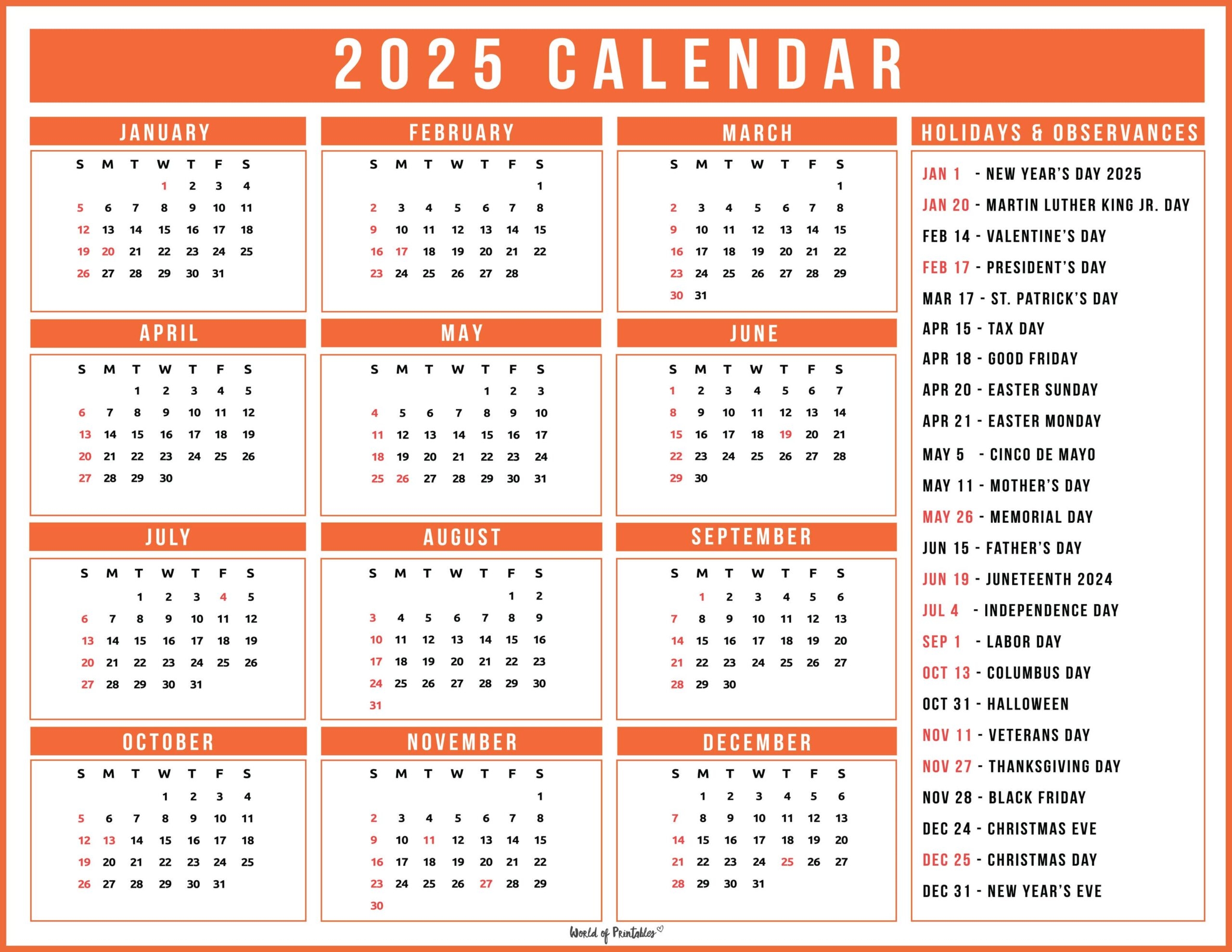 2025 Calendar With Holidays Free Printables In 28 Unique Styles World Of Printables