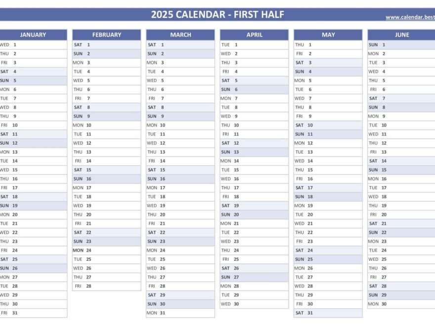 2025 Half Year Calendar To Print