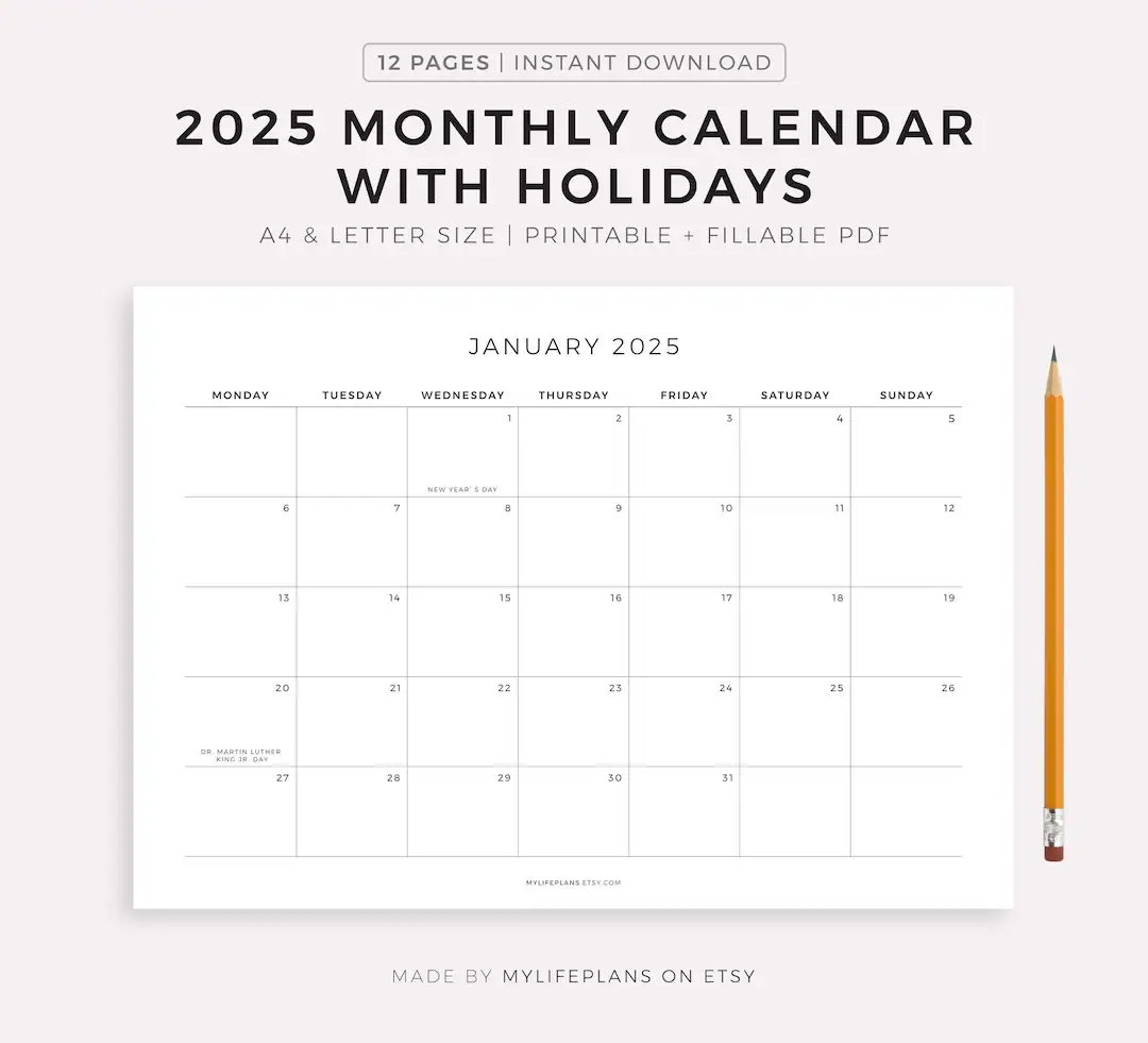 2025 Monthly Calendar With Holidays Printable Calendar Template Landscape Minimalist Calendar Year Calendar Instant Download A4 letter Etsy