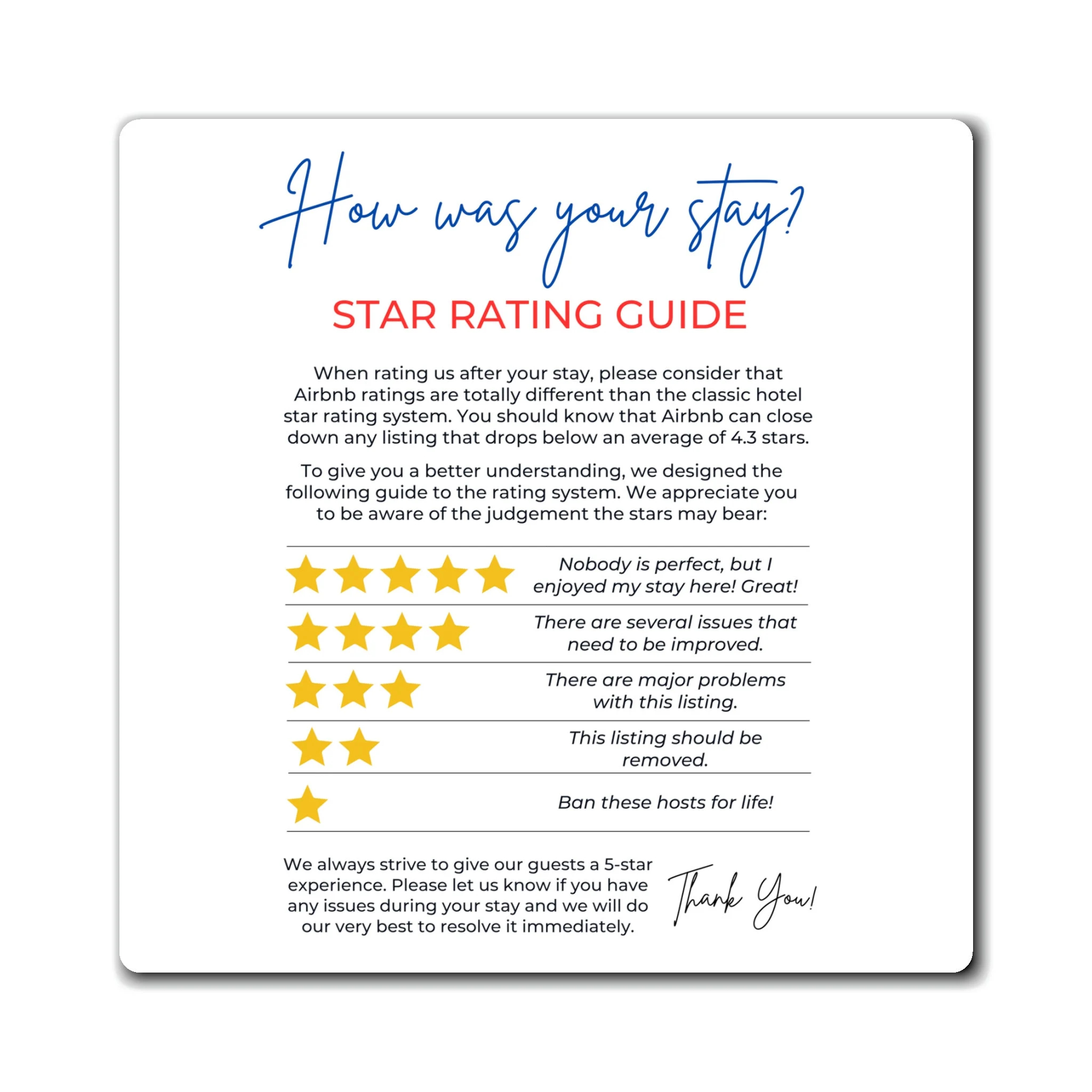 Airbnb vrbo Rating Explanation Magnet In 3 sizes Airbnb 5 star Rating Sign Airbnb Signage Super Host Welcome Book House Rules Checklist Etsy