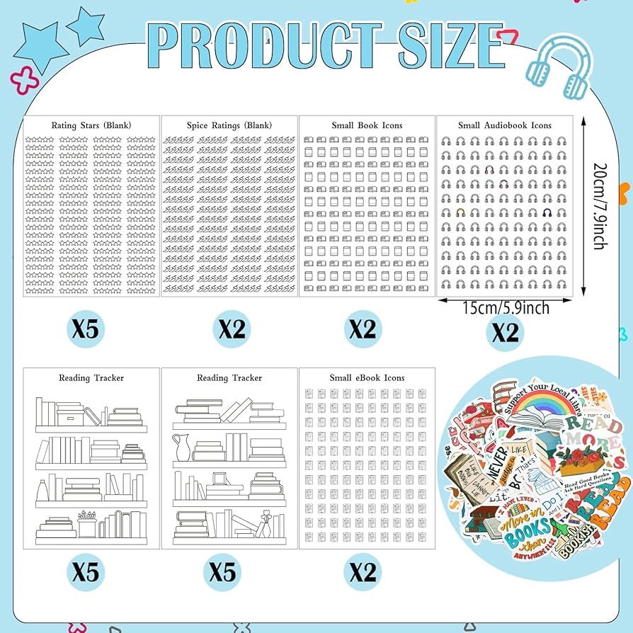 Amazon Humyoun 73 Pcs Book Reading Journal Tracker Stickers Set Include 23 Small Spicy Star Rating Book Ebook And Audiobook Icons Small Sheet And 50 Reading Stickers For Journals Office Products