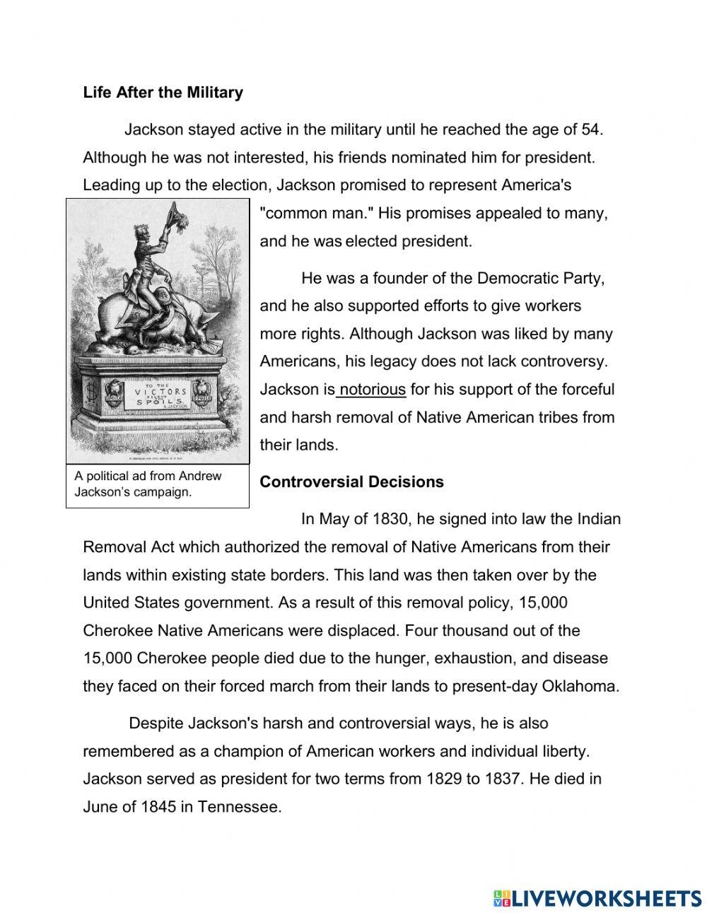 Andrew Jackson Passage Test Online Exercise For Live Worksheets Worksheets Library