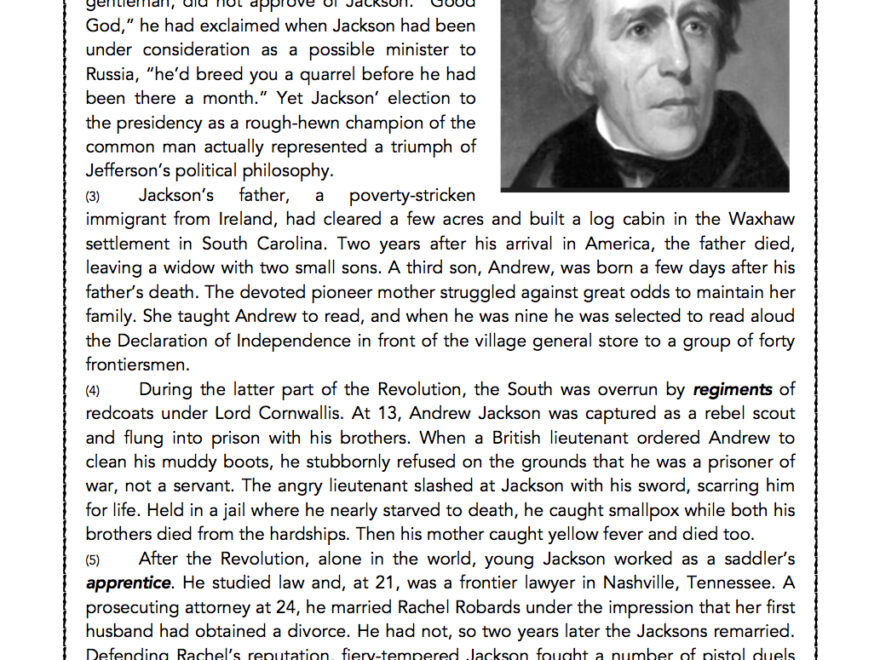 Andrew Jackson U S President Biography And Assessment Worksheets Library