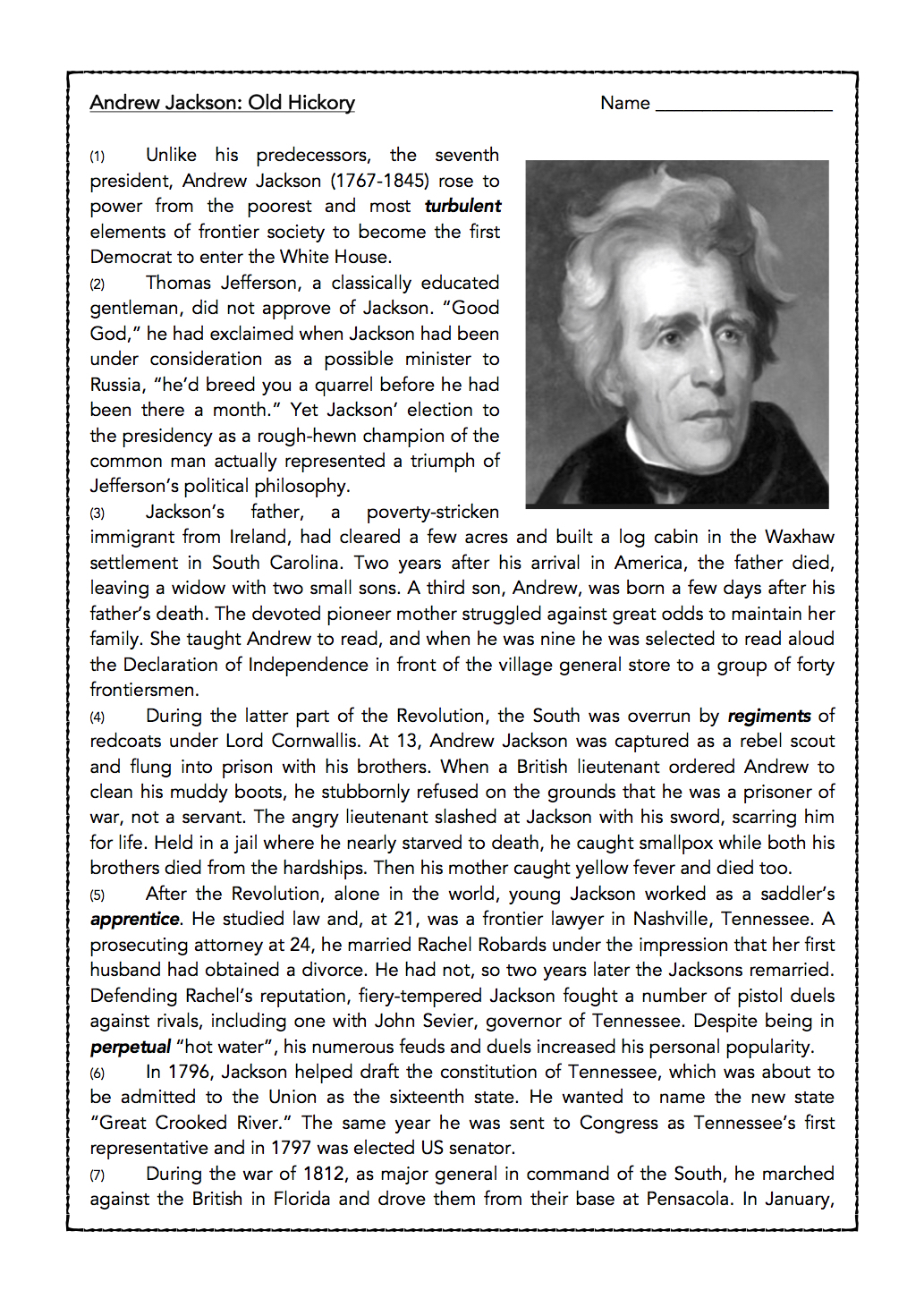 Andrew Jackson U S President Biography And Assessment Worksheets Library