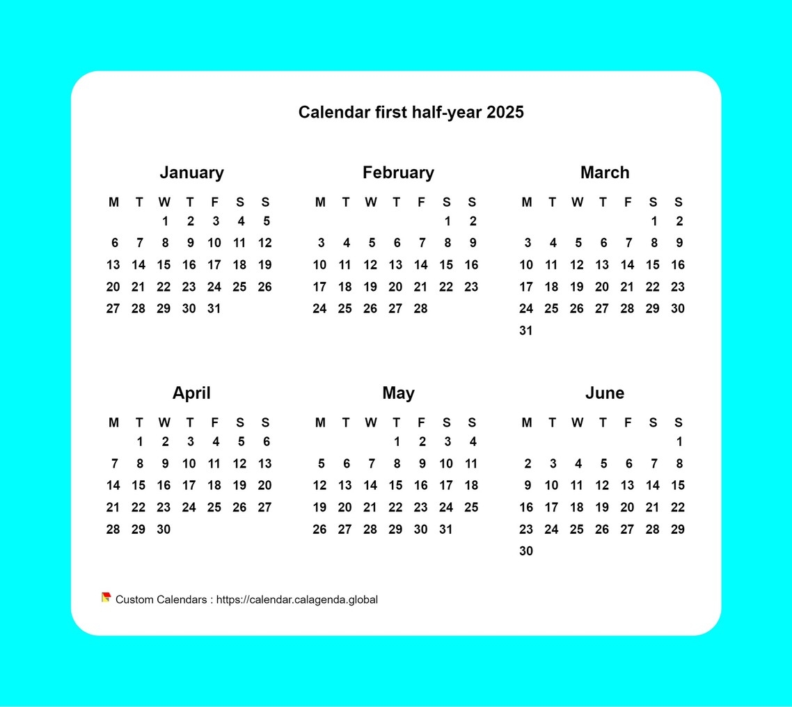 Calendar 2025 Half year With Border