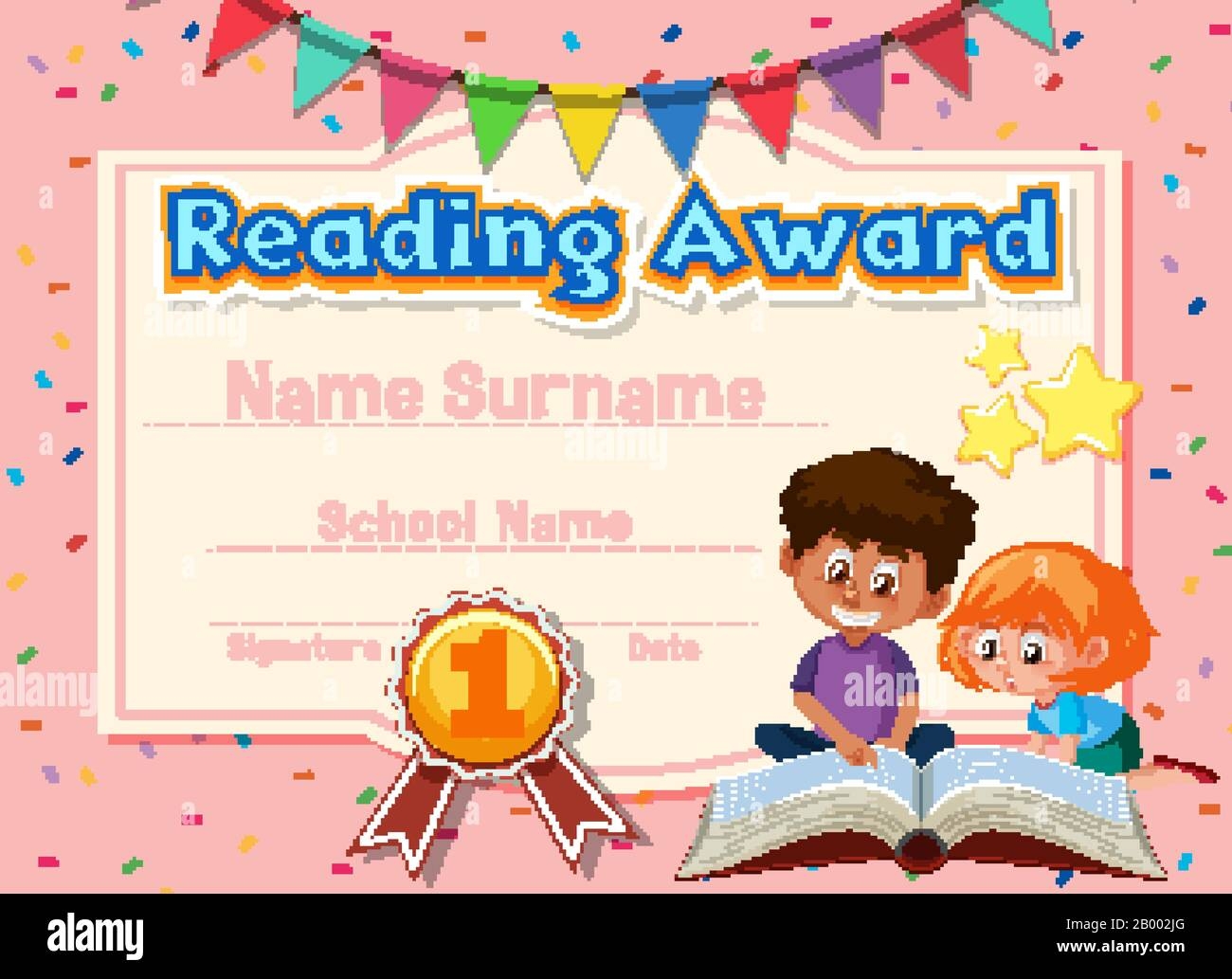 Certificate Template For Reading Award With Kids Reading In Background Illustration Stock Vector Image Art Alamy
